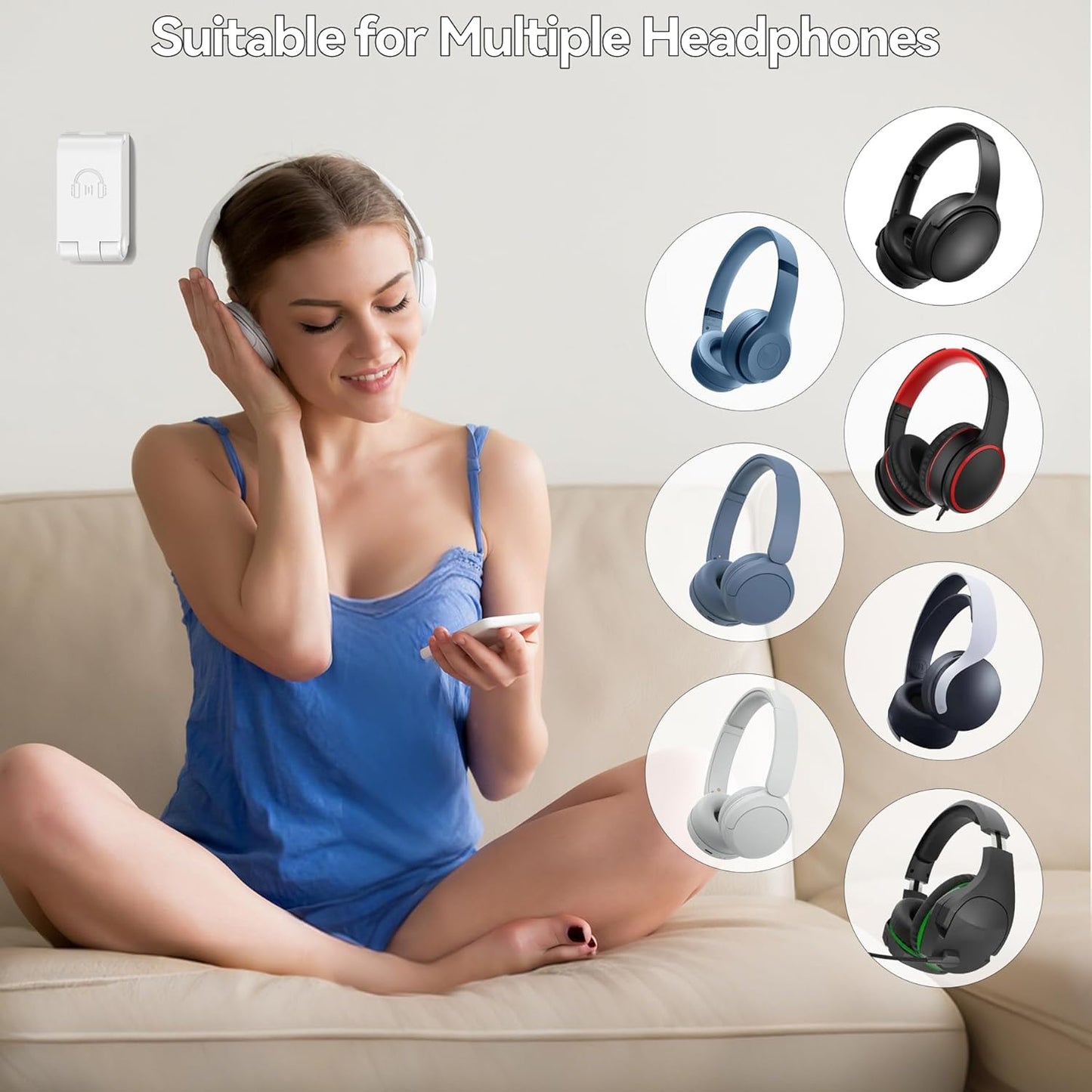 Headphone Stand, Wall Mount Headset Hanger, Gaming Headphone Holder Hook Clip, Foldable Headset Stand Desk Holder for PC Earphone Accessories, White(2 Pack)