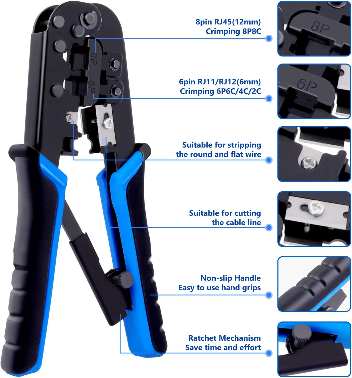 Delgada RJ45 Ethernet Crimping Tool kit,4in1 Professional Cutter Stripper Network Crimper for RJ-11,6P/RJ-12,8P/RJ-45 Crimp,with 20pcs Cat5 Cat5e RJ-45 Connectors-20PCS Covers-1 Network Wire Stripper
