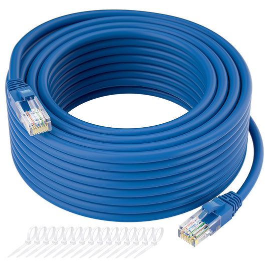Cat5e Ethernet Cable 100 FT, Cat 5e Internet Cable, Blue Snagless Patch Cord, Flexible, Network, LAN, PoE, Standard RJ45 Connector for PC, Server, Router, Modem, TV, PS5 - with 15 Cable Ties