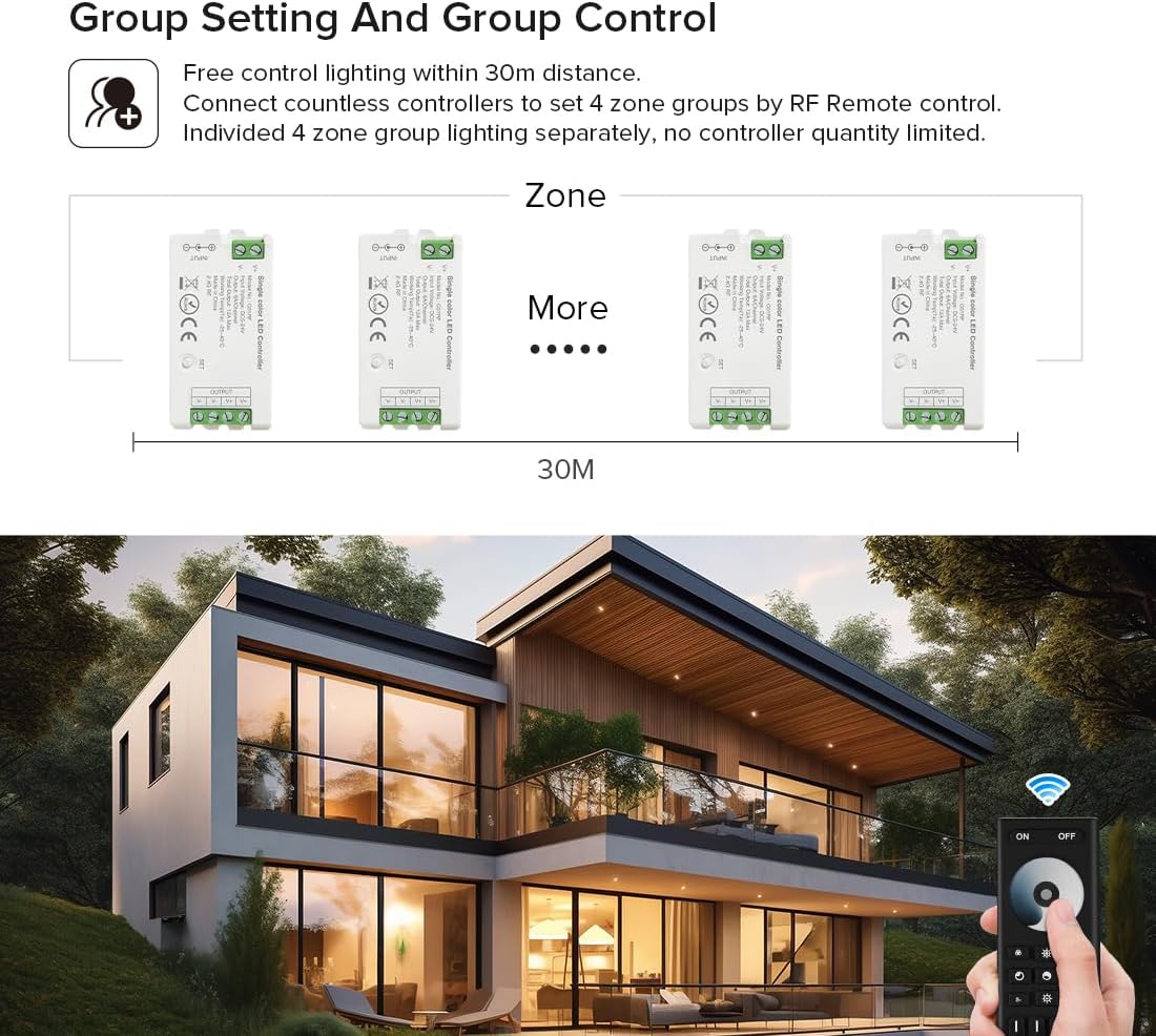 BTF-LIGHTING 5050SMD FCOB COB Dimming RF 2.4GHz Wireless Remote RC01RFB &4PCS C01RF Tuya Controller Kit 4 Zones Group Control PWM Single Color (+V -V) 2pin LED Neon Rope Light DC5V DC12V DC24V