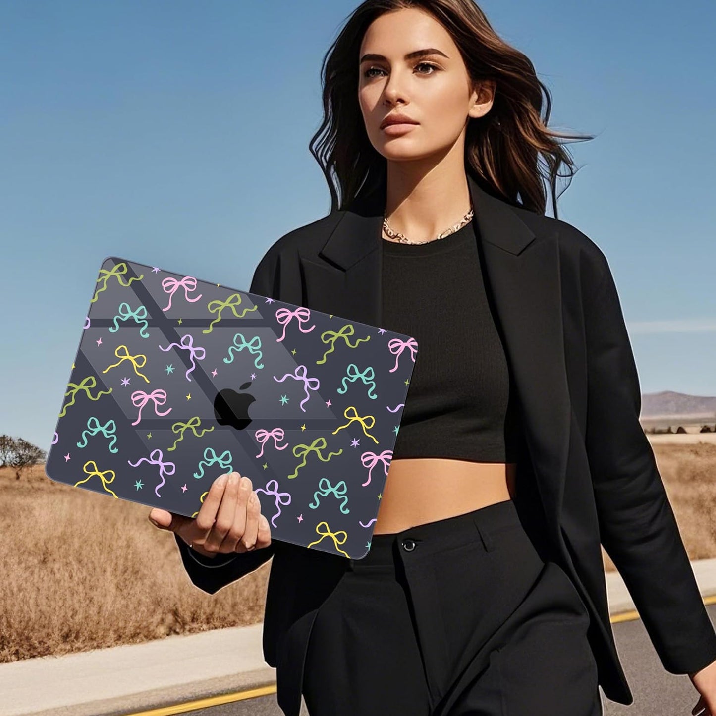 Mektron Compatible with M4 MacBook Air 15 inch Case 2025 A3241 2024 2023 M3 A3114 A2941 M2 Liquid Retina Display Touch ID, Plastic Hard Case & Keyboard Skin & Screen Protector - Black Colorful Bows