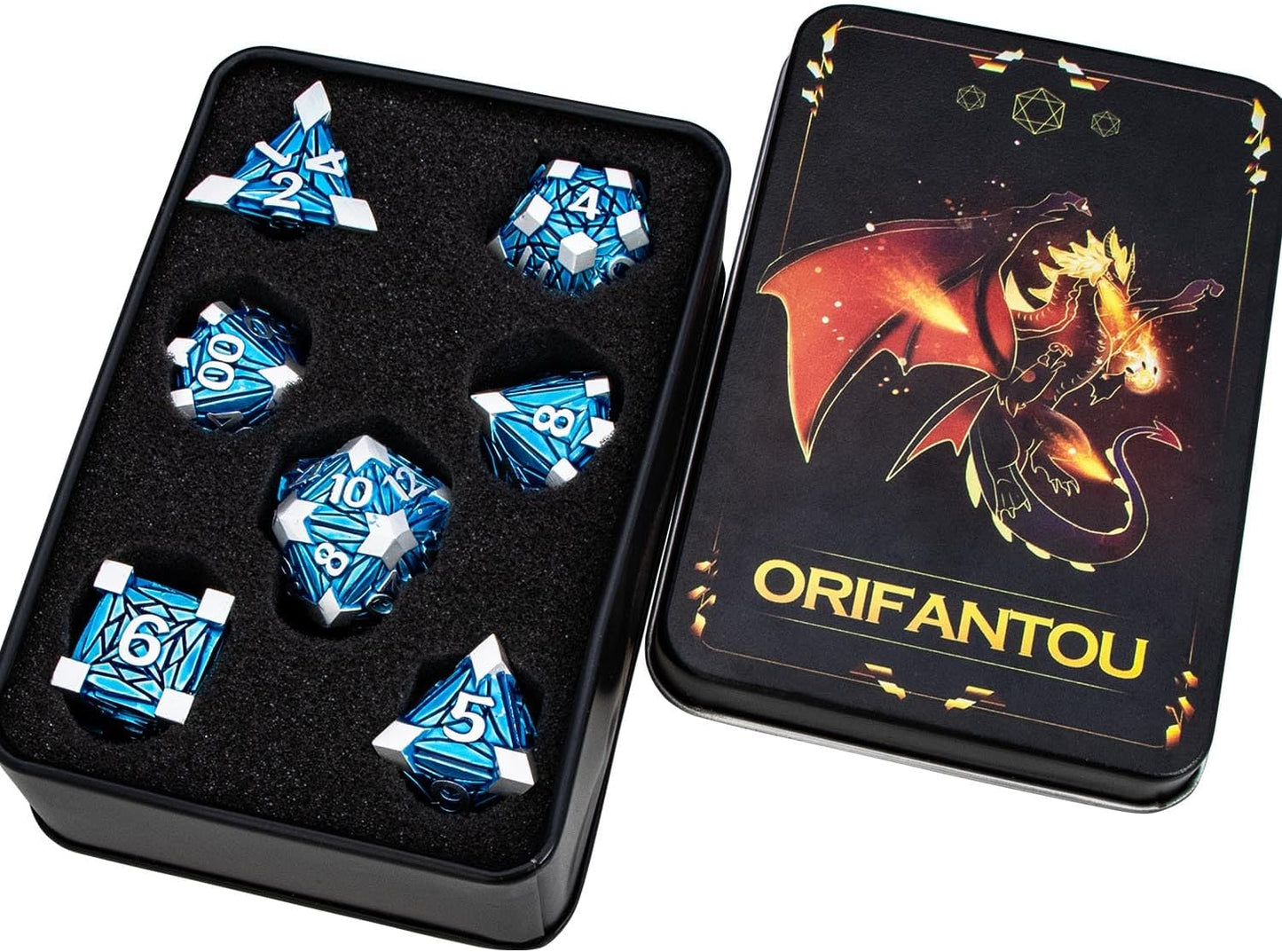 7PCS Metal DND Dice Set with Box, Debris RPG Blue D and D Dice for use with D&D Tabletop Games Role Playing Game Polyhedral Dice Set D20 D12 D10 D8 D6 D4