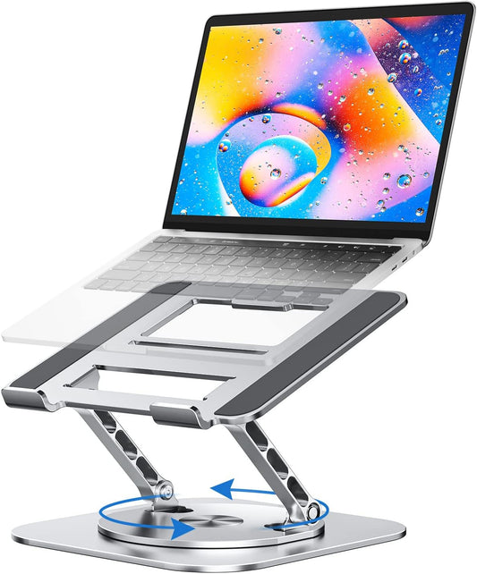 Adjustable Laptop Stand for Desk, Ergonomic Riser with 360° Rotating Base, Foldable Notebook Computer Holder Compatible MacBook Air Pro, Dell XPS, More 10-17" Laptops, Silver