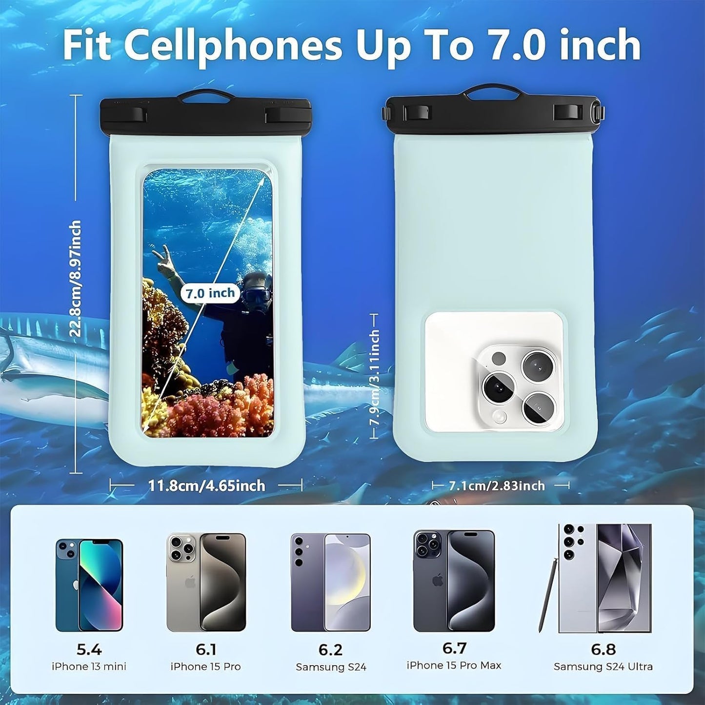 Floatable Soap Bubble Waterproof Phone Pouch/Case with Crossbody Lanyard for iPhone 16 Pro Max/15 Pro/14/13/12, IP68 Cellphone Dry Bag Beach Cruise Ship Essentials, 1 Pack-Blue-7″