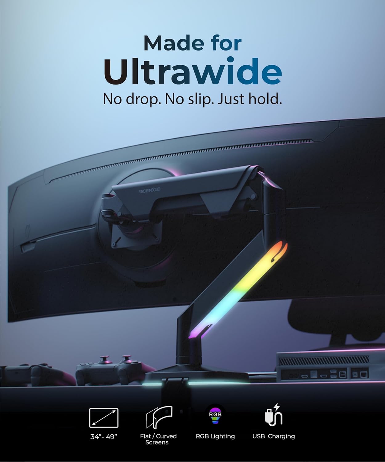 Heavy Duty Ultrawide Monitor Arm with RGB Lighting & USB Charging, Fits 34 to 49 inch Curved Screens, Supports 14 to 38 lbs, Adjustable Desk Mount, Gaming Setup, Black