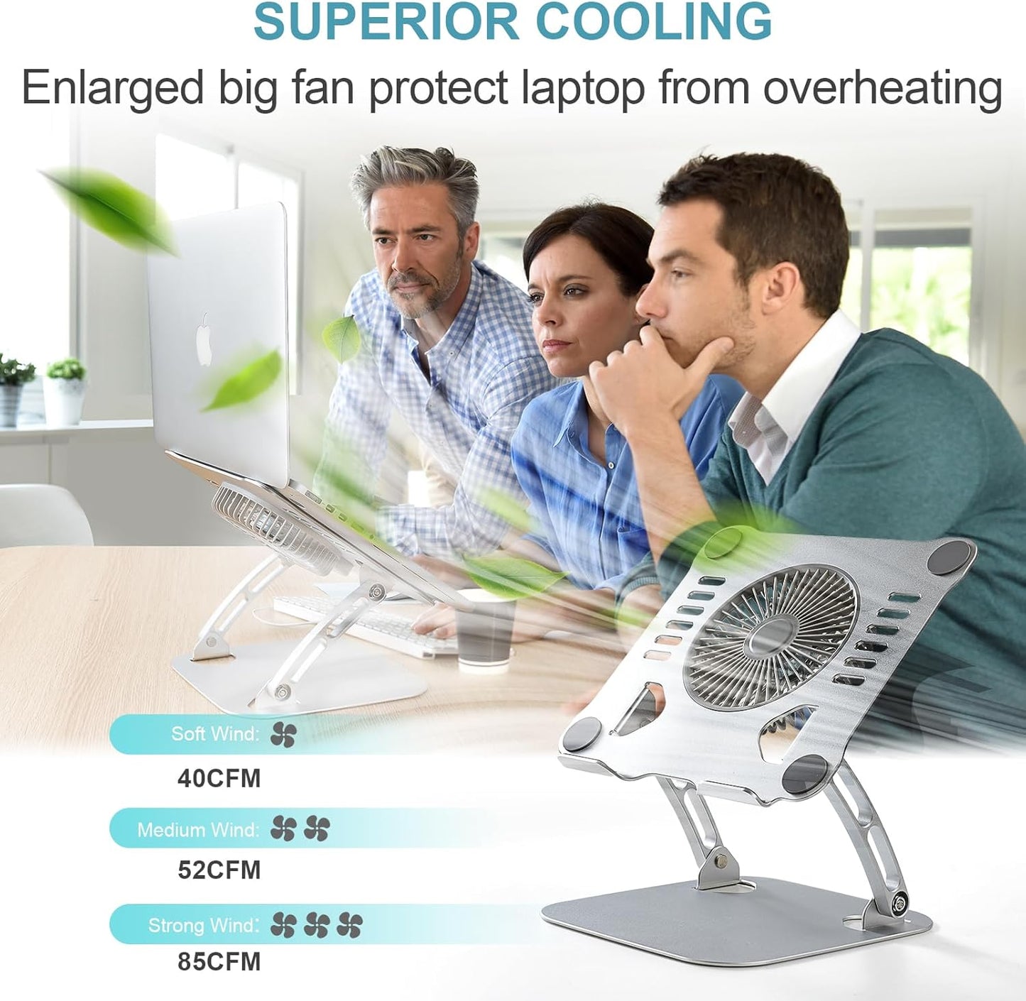 SHUWEI 360° Rotating Laptop Cooling Stand with 3 Speed Fan, Adjustable Height Laptop Stand for Desk, Ergonimic Aluminum Laptop Cooling Pad for 10-15'' Notebook - Bule-Gray