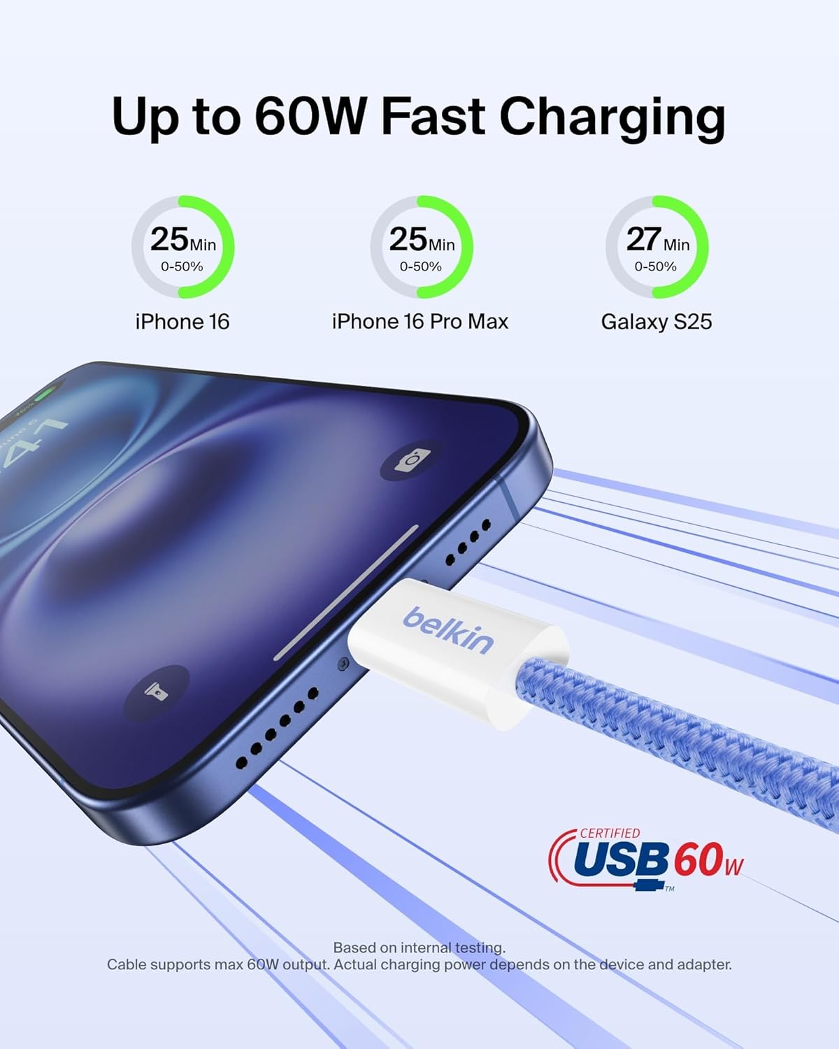 Belkin USB C to USB C Cable, 9.9ft, 60W - Type C Charger, iPhone Charger Cord, Soft, Braided, Flexible for iPhone 16, Galaxy S25, Pixel 9, Airpods, iPad Pro, Tablet & More, Travel Essentials - Blue