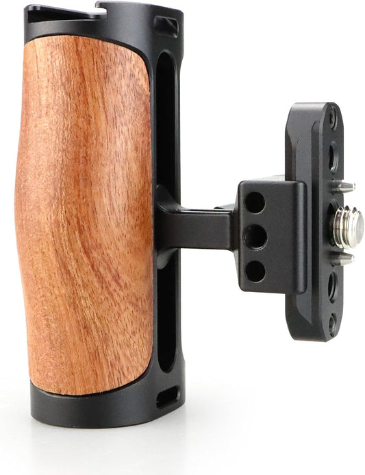 Wooden NATO Side Handle Mini Grip & NATO Rail 50mm for DSLR/Volg Camera Cage, Built-in Cold Shoe Mount, 1/4" & 3/8" ARRI Thread Hole, Up and Down Adjustable, for Left or Right Handle