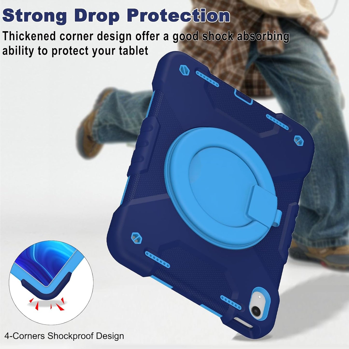 Case for iPad (A16) 11th Generation 11 inch 2025/10th Generation 10.9 inch 2022, Heavy Duty Shockproof Kids Protection Cover with Pencil Holder/360° Rotating Stand/Handle/Shoulder Strap, Navy Blue