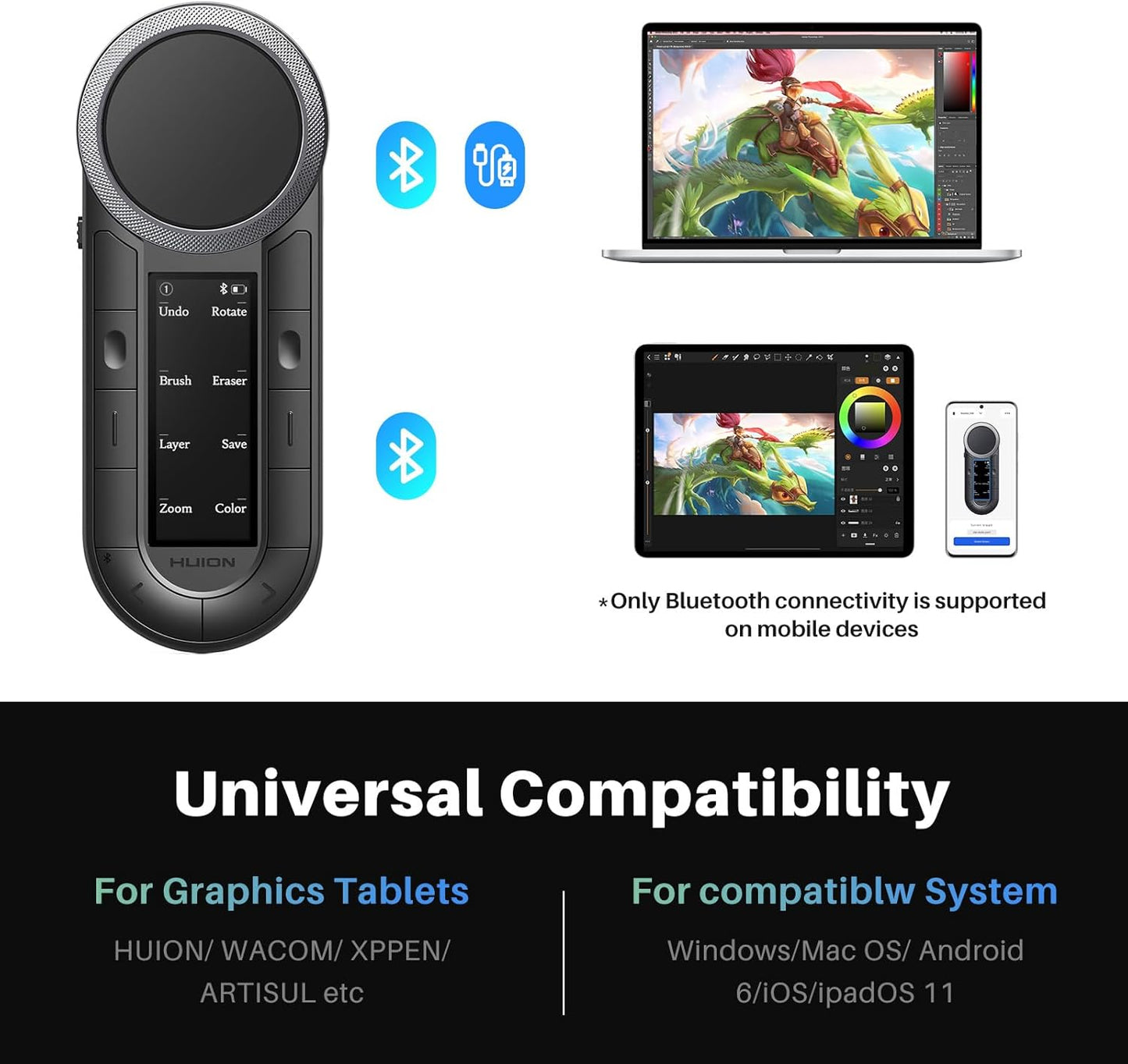 HUION Keydial Remote Bluetooth Programmable Keypad with Dual Dials 60 Customized Keys, OLED Display Macro Keypad Work with PC, Mac, Mobile, One-Hand Shortcut Keyboard for Drawing Tablet, Laptops
