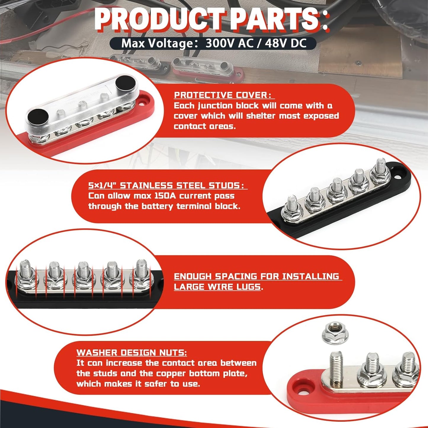 150A 12V Power Distribution Block with 5 x 1/4" (M6) Studs Max 150A 48V DC 300V AC for Automotive Car Marine Truck Boat