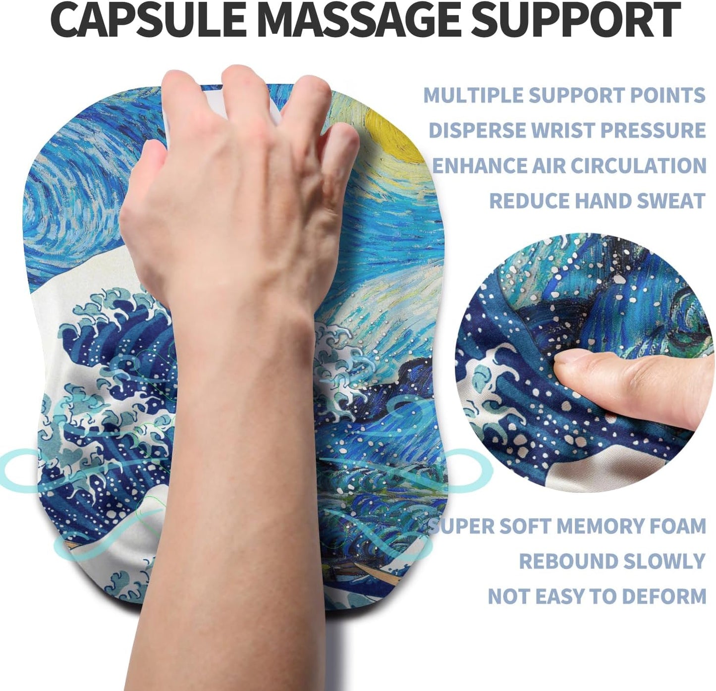 Ergonomic Raised Mouse Pad Wrist Support with Bilateral Slope Memory Foam Mousepad for Wrist Rest and Carpal Tunnel Pain Relief 11.8x7.9〃Starry Night Waves