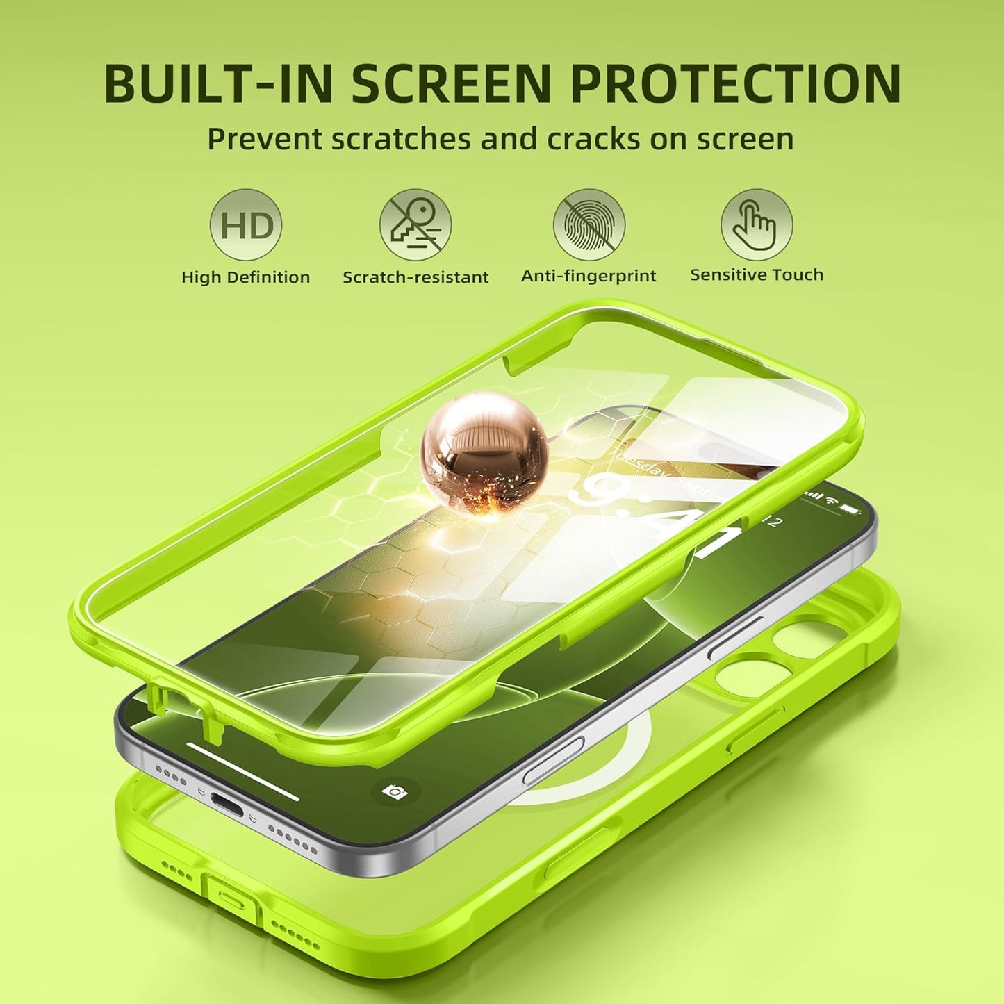 BERFY Magnetic for iPhone 16 Pro Case, Compatible with MagSafe, [Built-in 9H Tempered Glass Screen Protector & Upgraded Camera Protection] Full Body Shockproof Phone case for 16 Pro 6.3", Bright Green