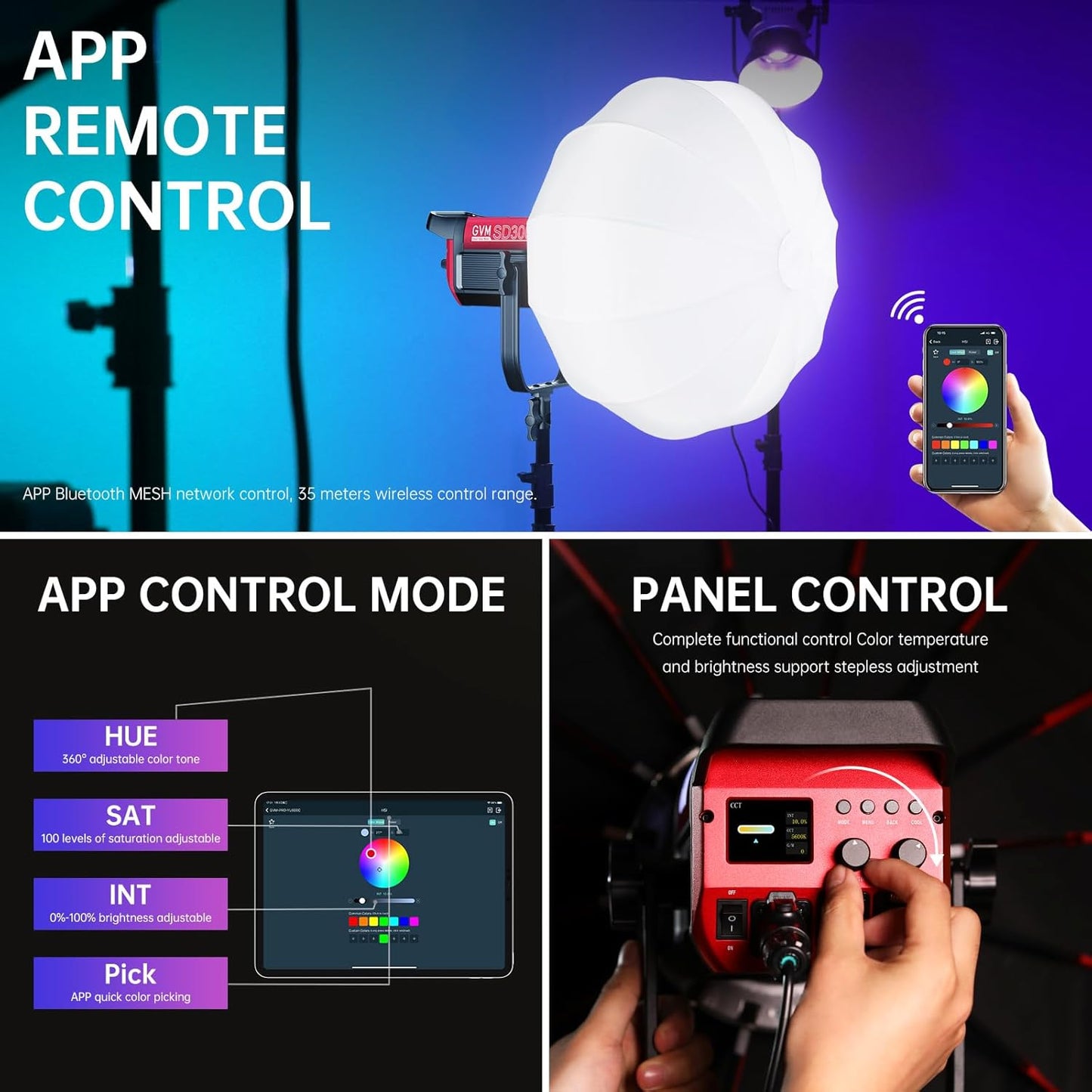 GVM 300W Photo Lighting RGB Video Light with Bowens Holder Lantern Softbox and Stand CRI 97+ CCT 2000K~10000K 6 Lighting Scenarios Application Program Controlled Studio Photo Lights