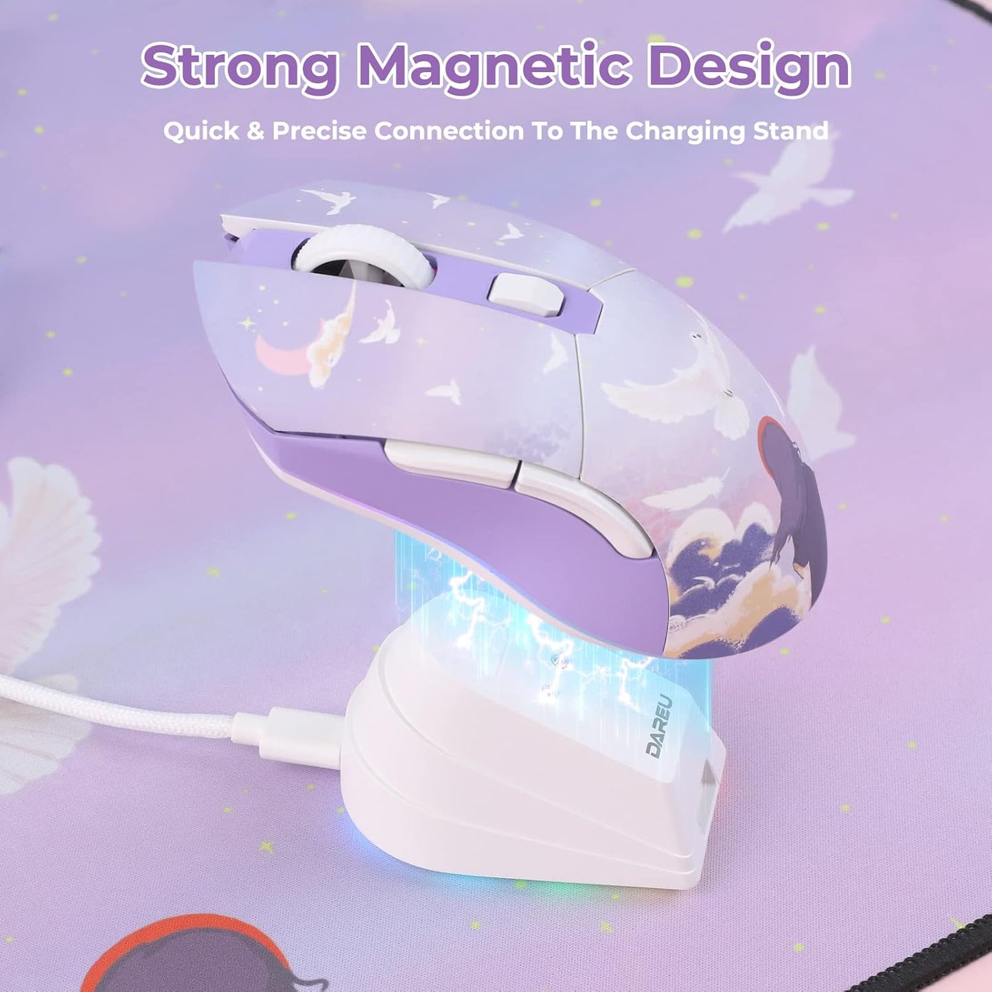 DAREU Wireless Gaming Mouse with Charging Dock Rechargeable RGB,12K DPI,7 Programmable Buttons High-Precision Sensor [300IPS] [1000Hz] for PC Notebook Mac