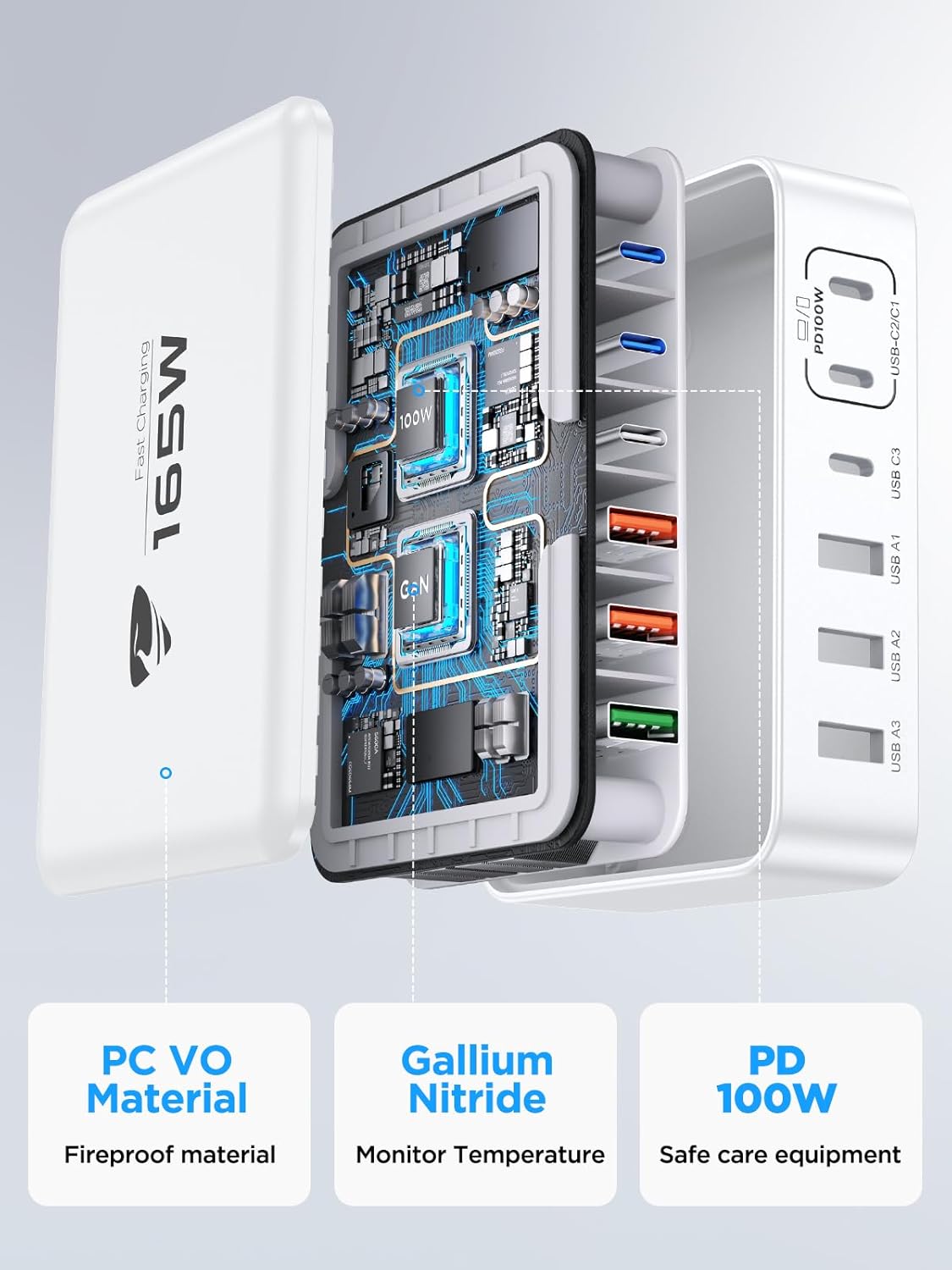165W USB C Charging Station 6-Port GaN USB C Charger, PD 100W Laptop Hub Wall Charger Multiport USB c for MacBook Pro/Air,iPhone 15 16 Pro Max,iPad, Galaxy S24