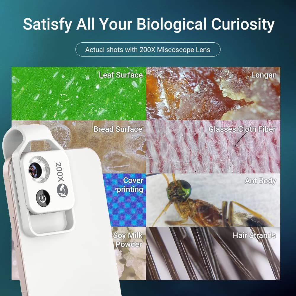 200X Magnification Microscope Lens withCPL Mobile LED Light Micro Pocket Macro Lenses for iPhone Samsung All Smartphones (White Without CPL)