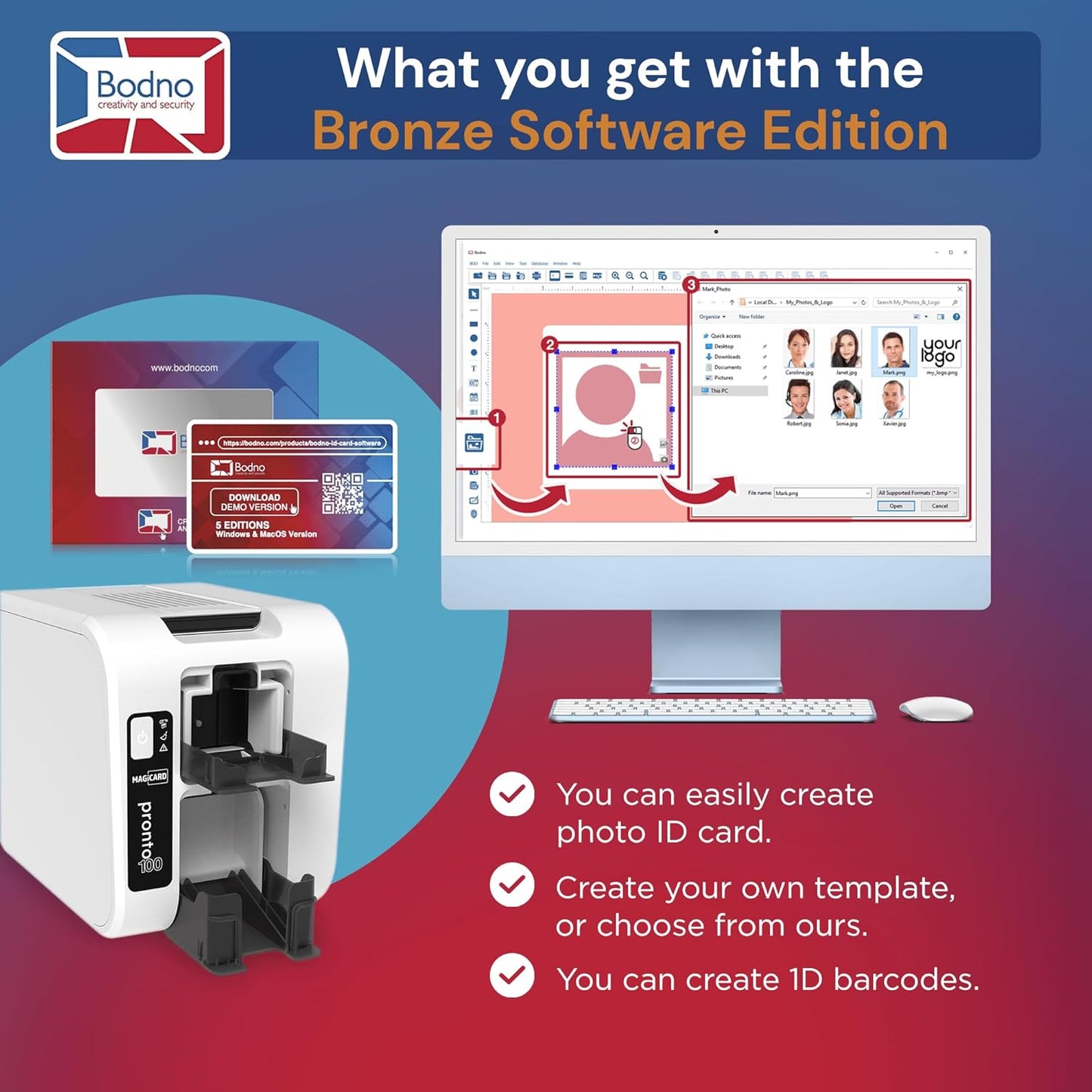 Bodno Magicard Pronto 100 ID Card Printer & Complete Supplies Package ID Software - Bronze Edition