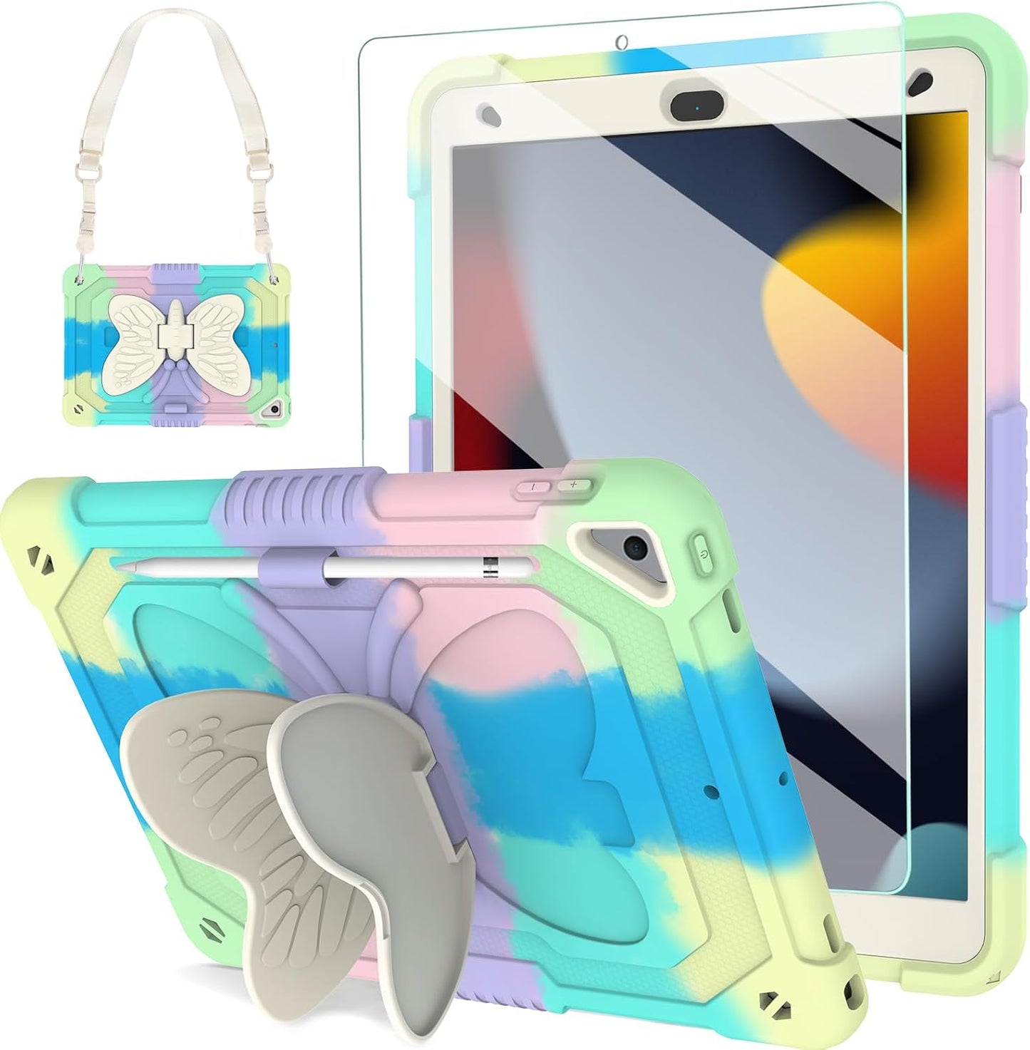 BLOSOMEET Kids Case for iPad 10.2 inch 2021 with Tempered Glass Screen Protector,iPad 9th/8th/7th Generation Case with Stand Pencil Holder & Shoulder Strap,Colorful Green