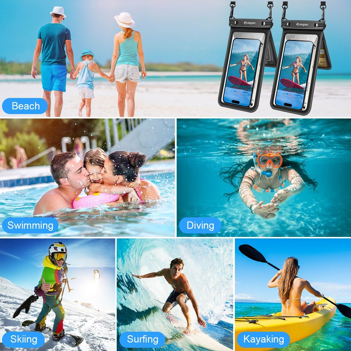 Double Space Waterproof Phone Pouch, 2 Pack Waterproof Phone Case with Lanyard for iPhone 15 Pro Max Galaxy S23 Pixel 7a up to 8.5’’, Cellphone Dry Bag for Beach Vacation (Black+Black)