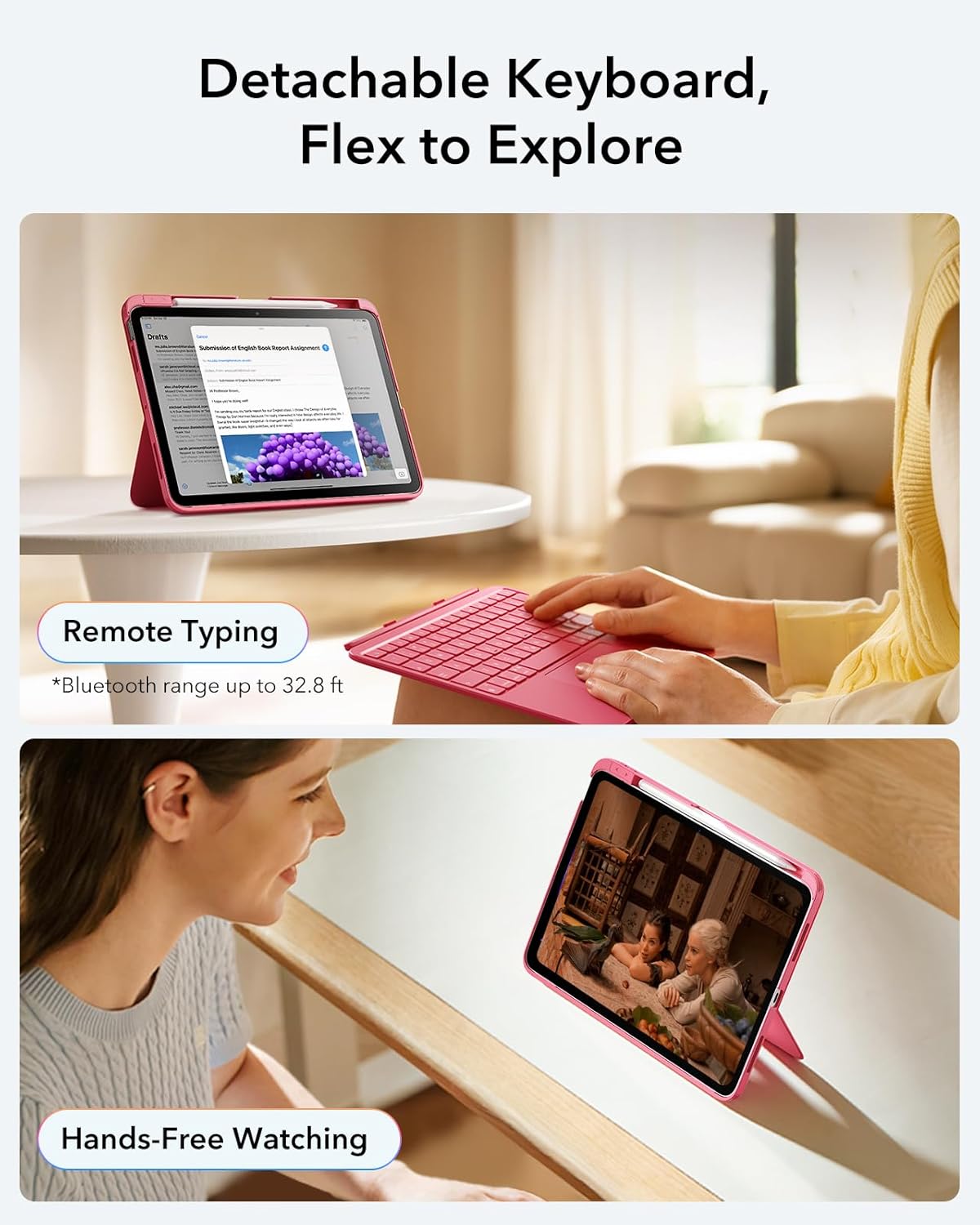 ESR iPad 11th (A16) 2025/10th Gen Flex Keyboard Case, Ultra-Light Magnetic Detachable Keyboard for iPad 10.9" with Writing/Viewing Modes, Larger Precision Trackpad, Pink
