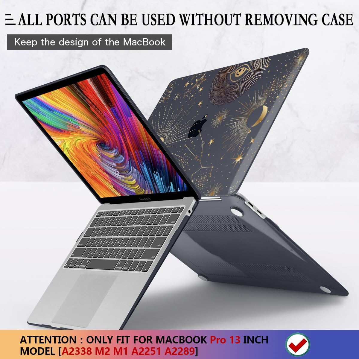 CISSOOK Case for MacBook Pro 13 Inch 2025-2020 Release Model M2 Chip A2338 M1 A2251 A2289, Black Style Hard Cover with Keyboard Cover for M2 MacBook Pro 13 with Touch Bar，Moon Star