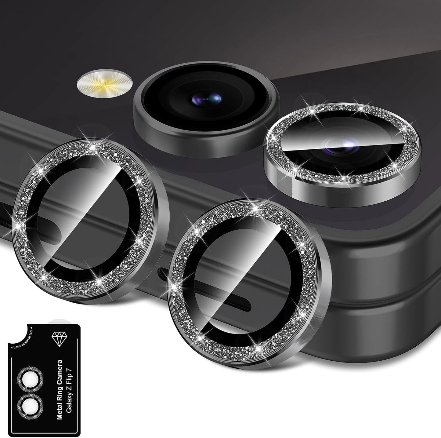 for Samsung Galaxy Z Flip 7 Camera Lens Protector, Individual Metal Ring Tempered Glass Lens Cover, [Strong Adsorption] Scratch Resistant Ultra-Thin HD Clear Lens Cover, 1 Set-Black Sparkly