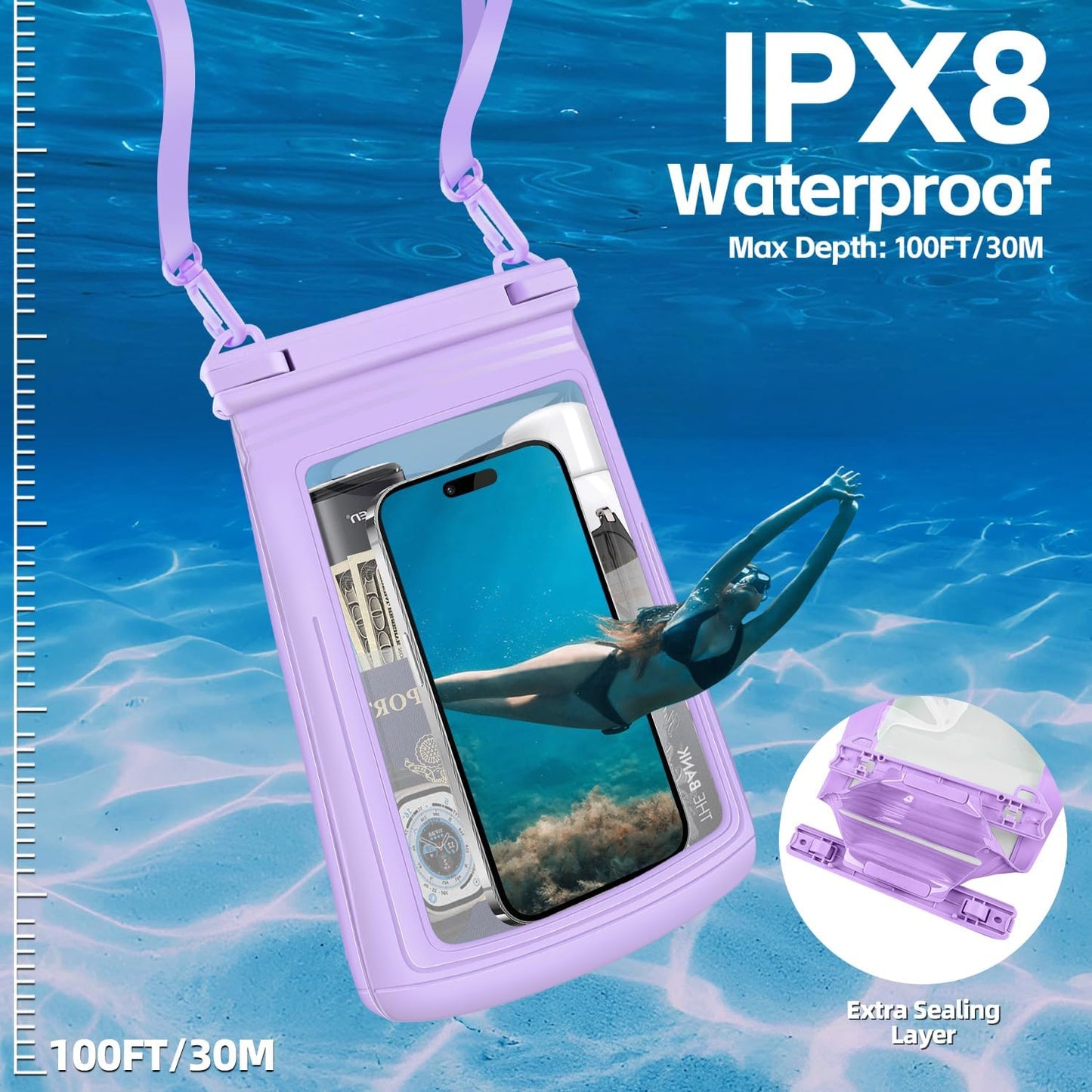 2L Floating Waterproof Phone Pouch for Up to 7.5", Large Space Adjustable Neck Lanyard Waterproof Bag. Dry Bag for Family Vacations, Beach, Pools, Kayaking, Cruises (Purple)