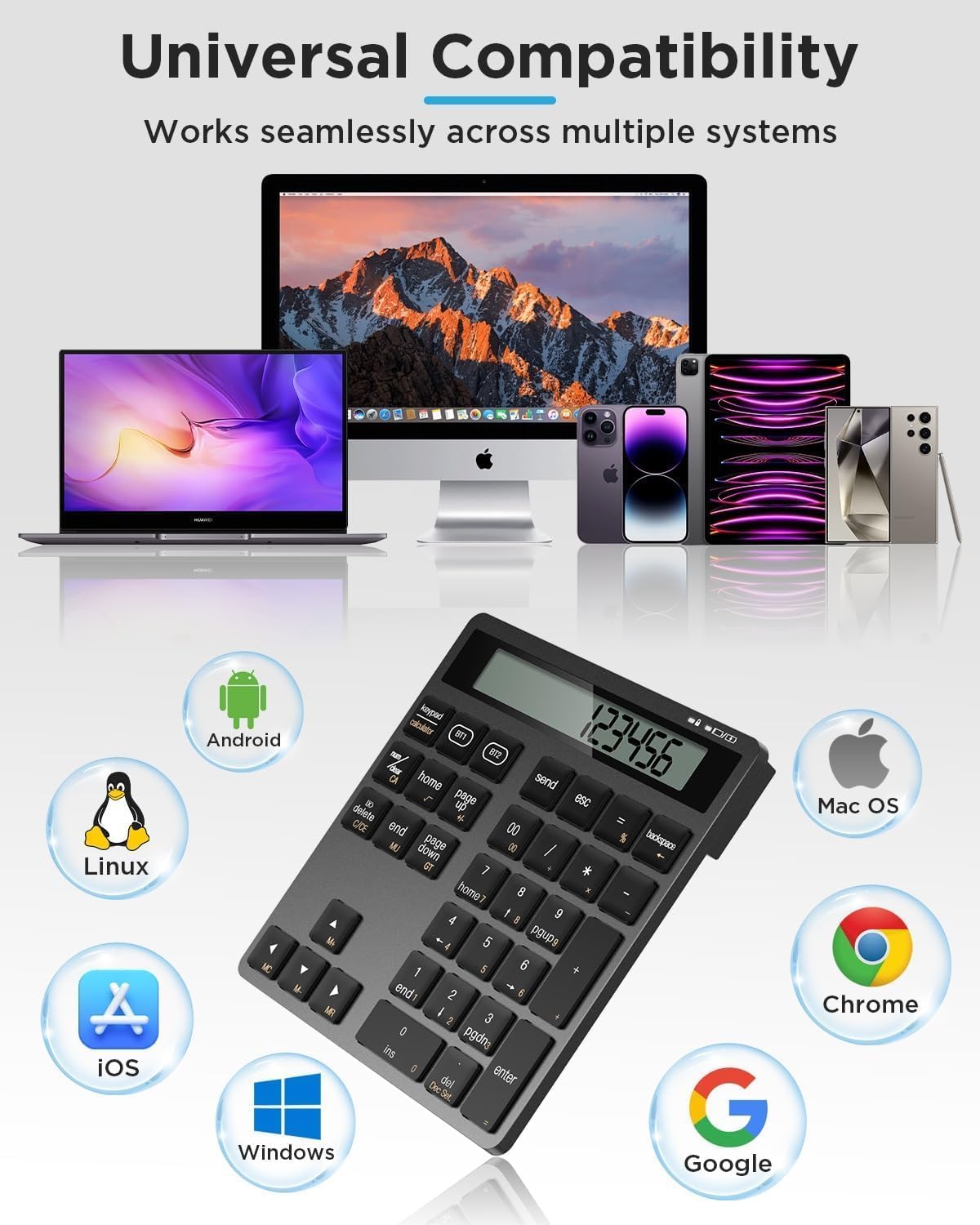 Bluetooth Number Pad, Wireless Numeric Keypad Calculator with Display, USB-C Rechargeable External 34-Keys Numpad, Financial Data Entry Keyboard for iMac, MacBook Air/Pro, PC Desktop, Laptop Notebook