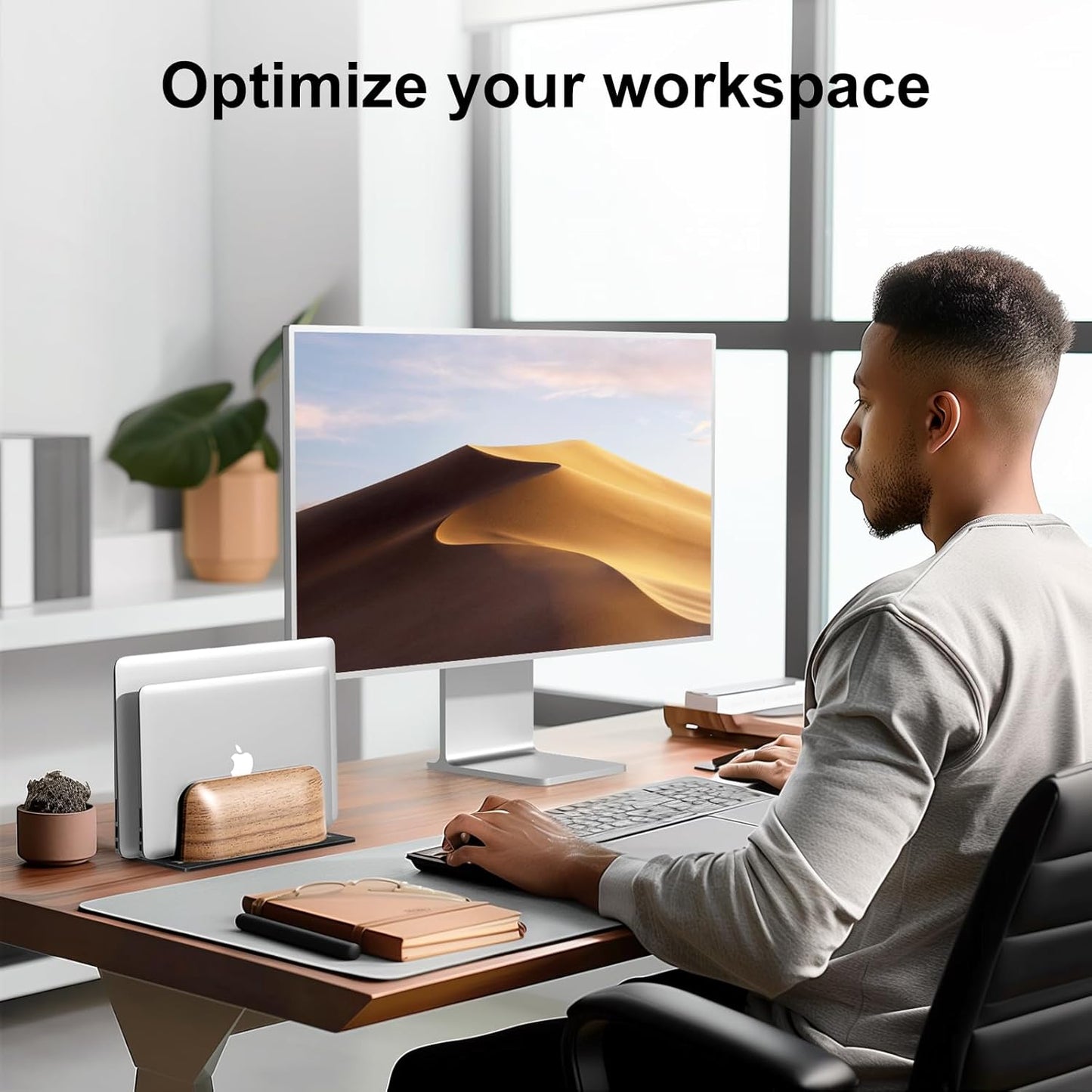 UPERGO Vertical Laptop Stand, Dual Slot Wooden Laptop Holder Vertical for Desk, Width Adjustable Dock for MacBook Pro and Other Laptops