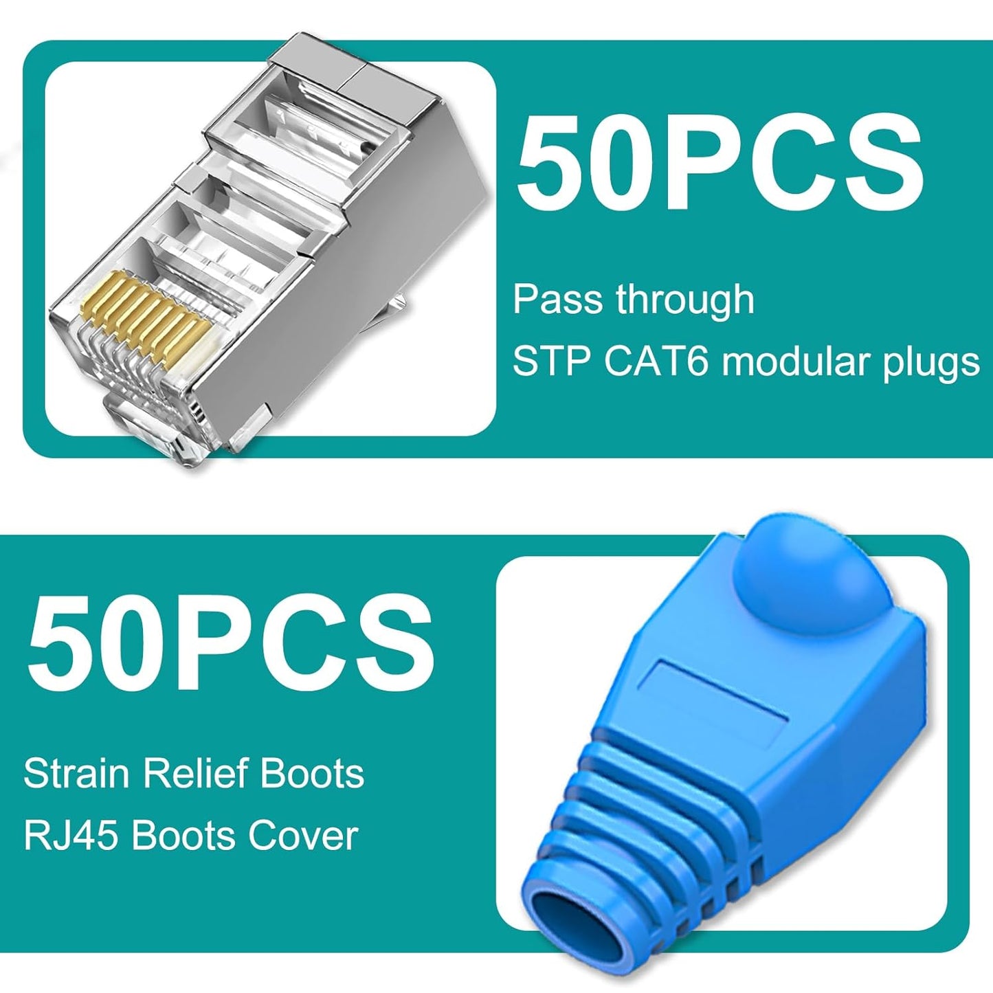 50-Pack Cat 6 Shielded Pass Through RJ45 Connectors + 50Pack RJ45 Strain Relief Boots, 8P8C Modular Ethernet STP Network Cable Plug End for Cat6 Cat5e