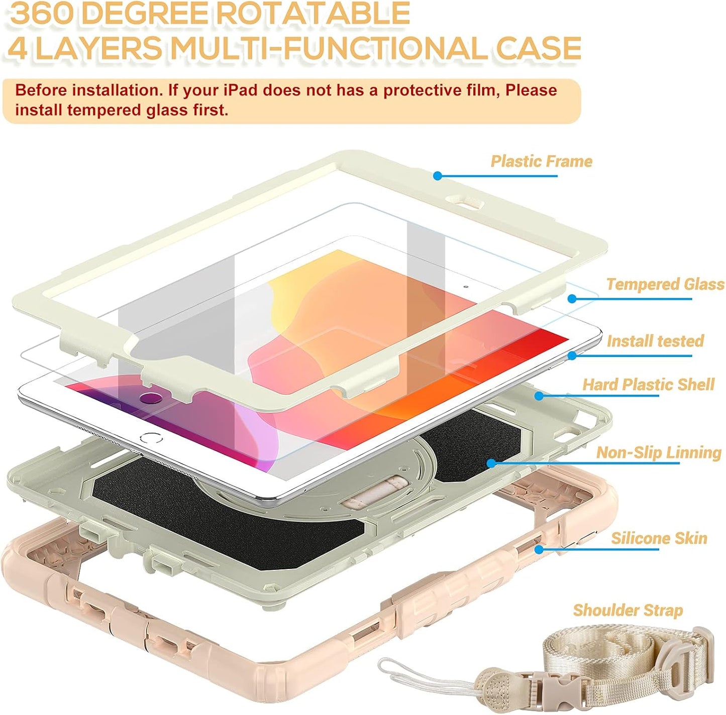 BLOSOMEET Girls Cute Case for iPad 9th Generation 2021 10.2 Inch with Tempered Glass Screen Protector & Pen Holder,KidsProof iPad 8th/7th Gen 2020 2019 Cover w/Kickstand Handle Shoulder Strap,RoseGold