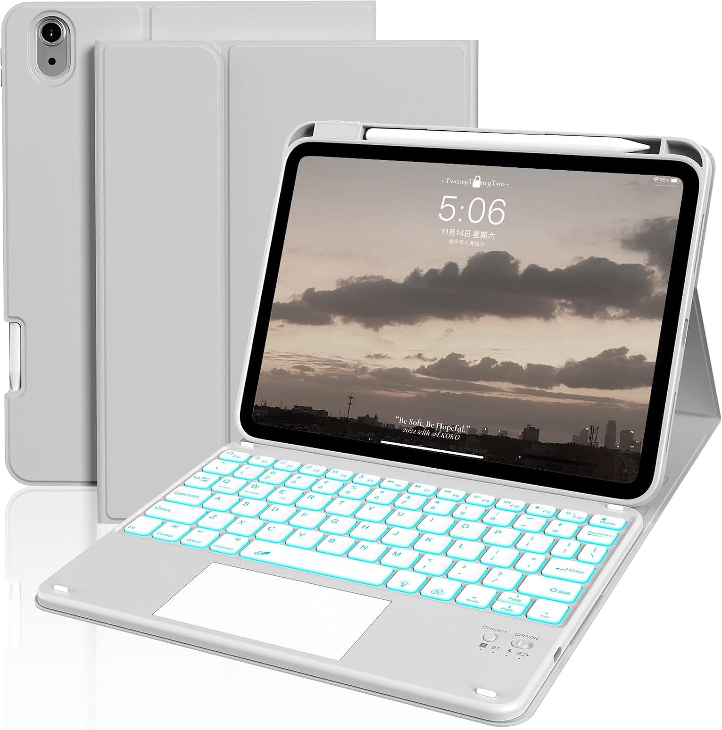 JKSML for iPad(A16) 11th/10th Generation Case with Keyboard (11/10.9 inch) 2025/2022, 7 Color Backlight Detachable Bluetooth Cover with Trackpad, Flip Stand Case Thin with Pencil Holder, Haze Gray
