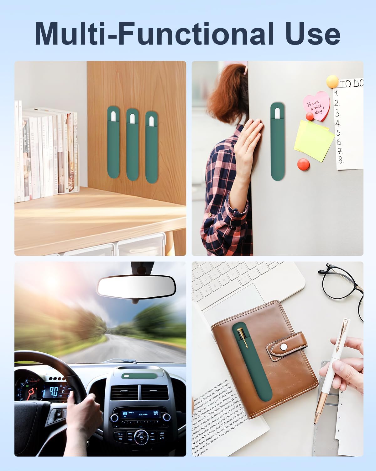 eZAKKA Silicone Pencil Holder For Most Pens,Pencils, 7.8 inch Self-Adhesive Stick To Notebooks,Diary, Desks,Tablet, Green, 1 Pack