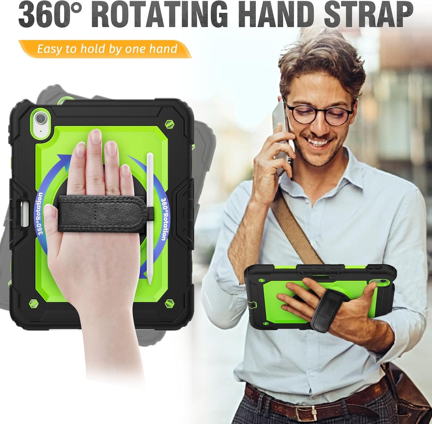 HXCASEAC Case for iPad Air 11 inch (2025 M3 / 2024 M2), Shockproof Design with Pencil Holder/Screen Protector/Rotating Hand Strap, Protective Cover for iPad Air 7th/6th Generation - Green