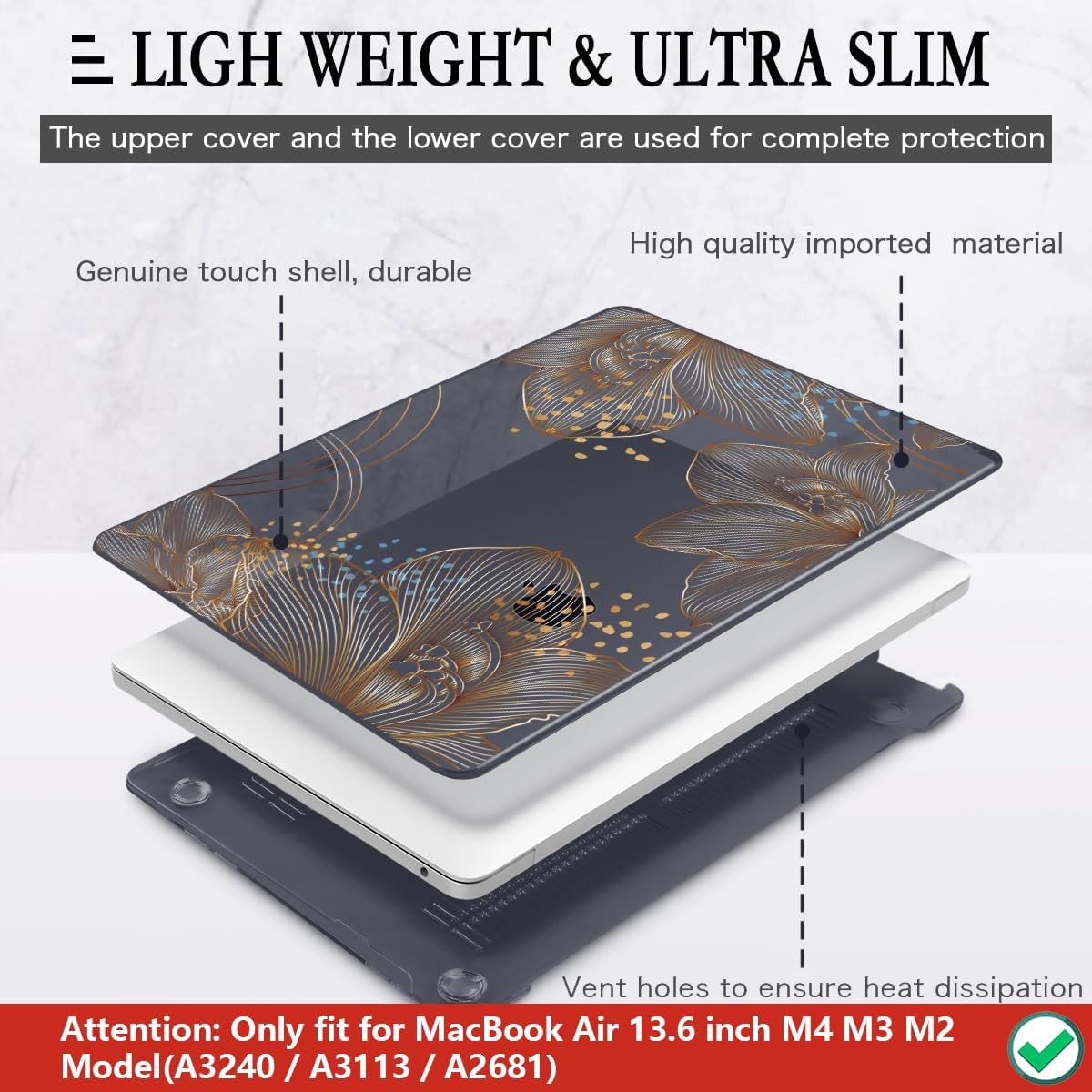 CISSOOK Gorgeous Flower Case for MacBook Air 13.6 inch M4 M3 M2 2025 2024 2022 Release, Hard Shell Case with Keyboard Cover +Screen Protector for MacBook Air 13 inch A3240 A3113 A2681