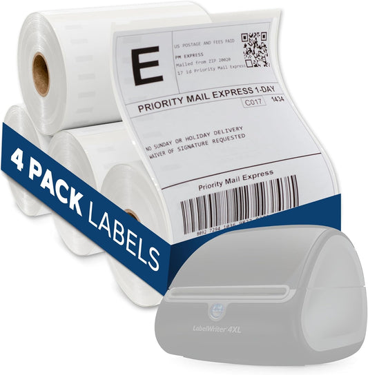 4x6 Thermal Labels Roll - Compatible with Dymo 4XL or Rollo 4x6, Perforated Strong Adhesive, Replaces Dymo 1744907, 250 Per Roll (4 Rolls | 1000 Labels)