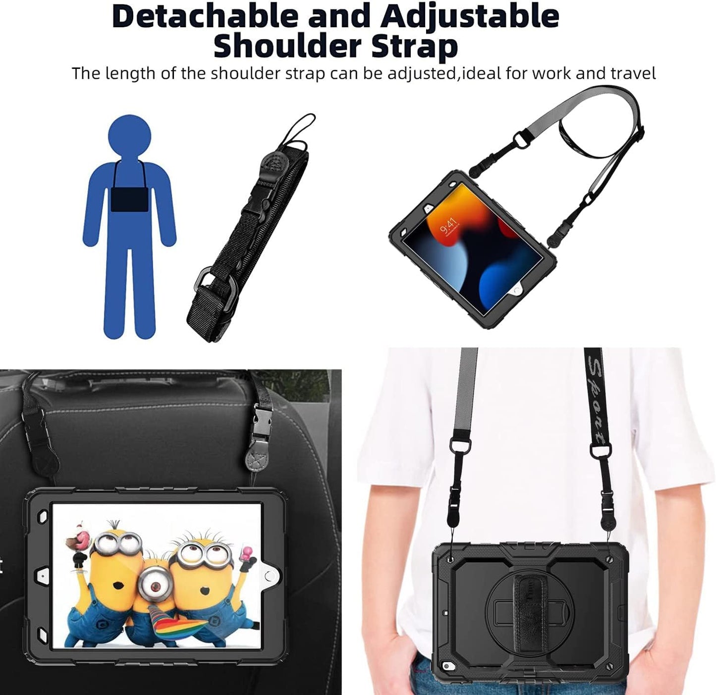 BLOSOMEET Case for iPad 9th/8th/7th Generation 2021/2020/2019 10.2 Inch with Tempered Glass Screen Protector & Pencil Holder,Protective Kids iPad 10.2 Case Cover w/Stand Hand Shoulder Strap,Black