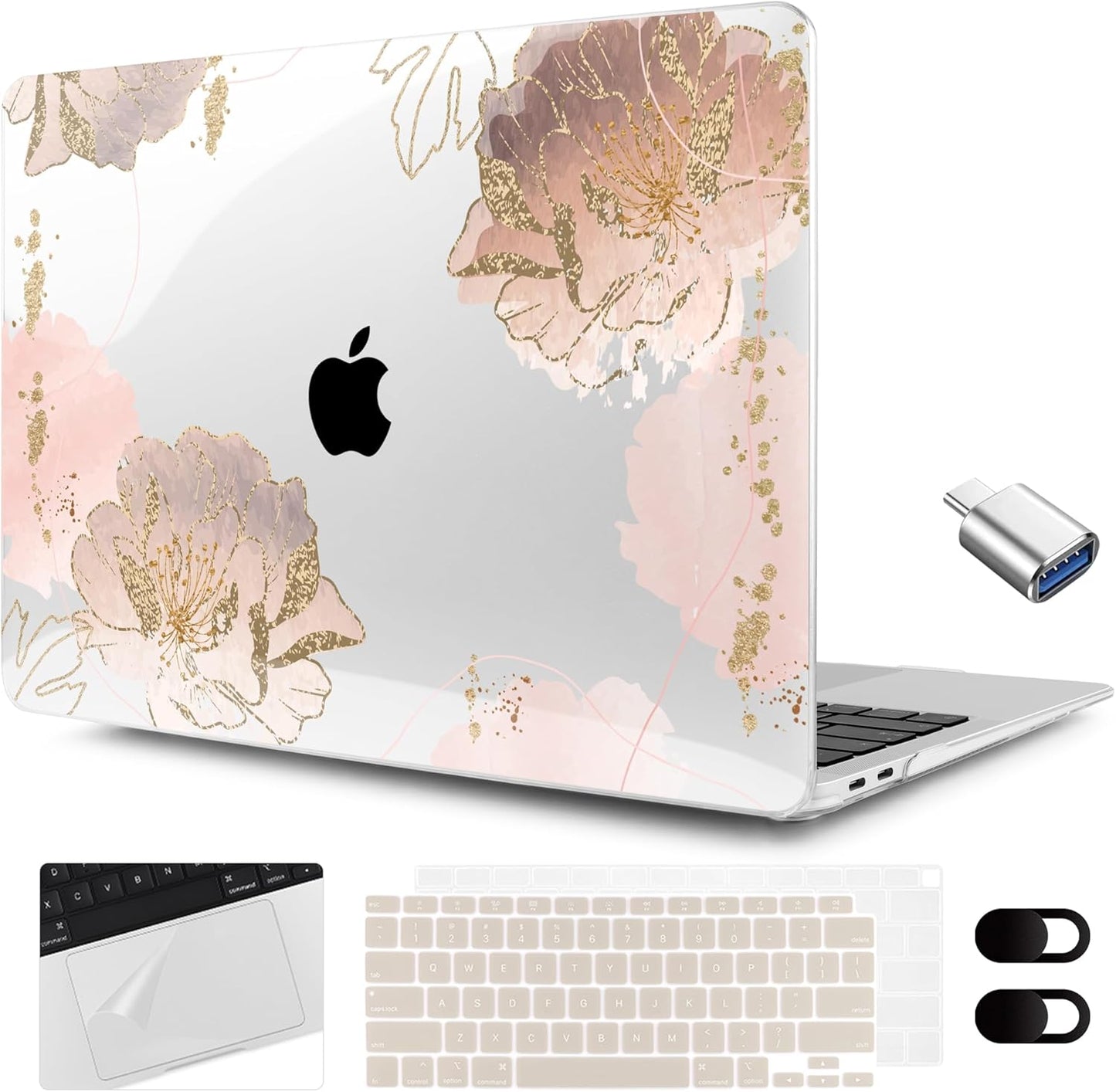 MEEgoodo for MacBook Air 13.3 inch Case 2021 2020 2019 2018 A2337 M1 A2179 A1932, Hard Shell with Keyboard Webcam Cover & Trackpad Film & Type C Adapter for MacBook Air M1, Pink Peony Flowers