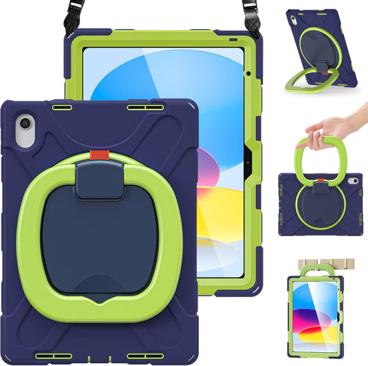 BRAECN Case for iPad (A16) 11th/10th Generation 11”/10.9'' 2025/2022-Rugged Silicone Cover with Swivel Ring Stand/Pencil Holder/Handle Grip/Kickstand/Screen Protector/Shoulder Strap, Navy Green