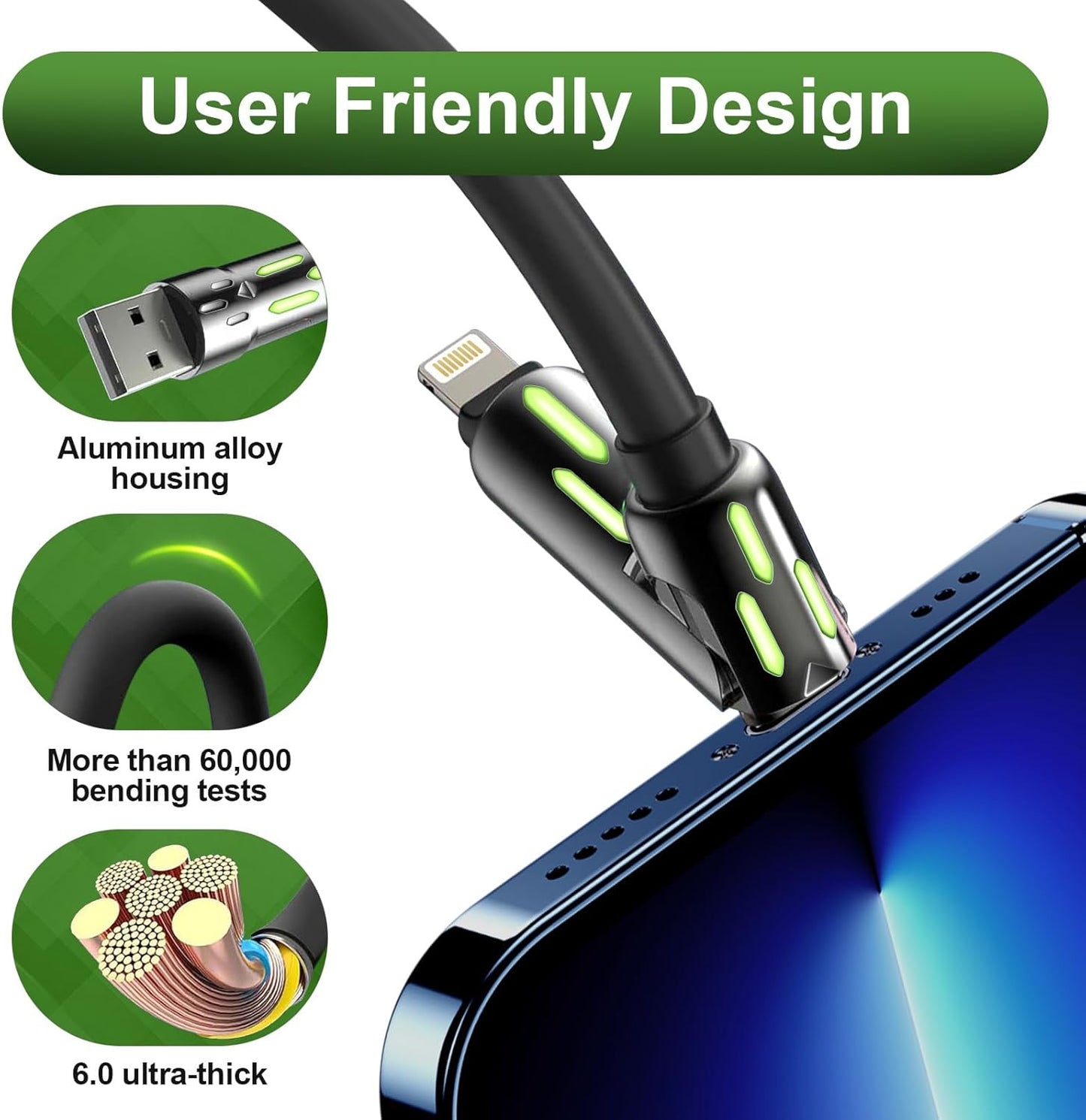 KerrKim 240W 4-in-1 Multi Fast USB Charging Cable with Breathing Light, USB A Type C Lightning Cable for iPhone 16 15 14 13 12 11 Pro Max iPad Samsung Galaxy MacBook iPad Tablets & More (6FT, Black)