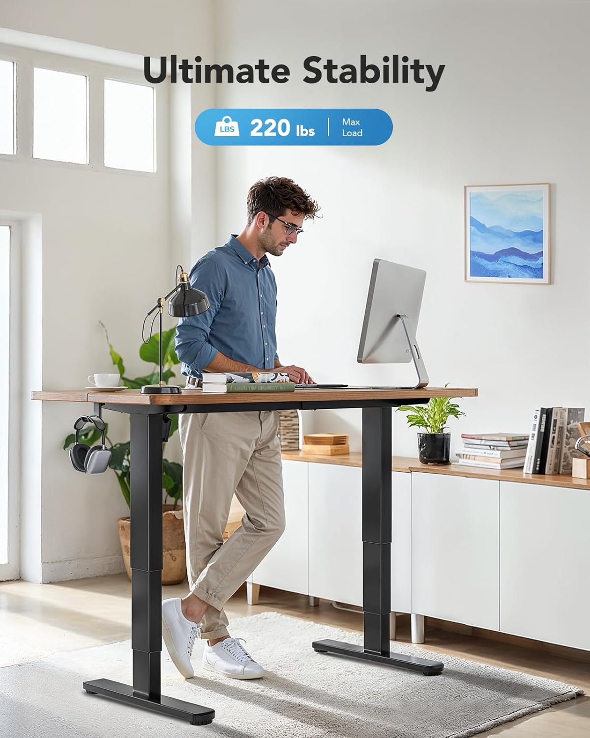 HUANUO Electric Standing Desk Frame with 3-Stage Adjustable Desk Legs, Brushless Motor, and 220 lbs Max Load, Home Office Height-Adjustable Desk Frame for Max 43.31″ x 86.61″ Desktop, Frame Only