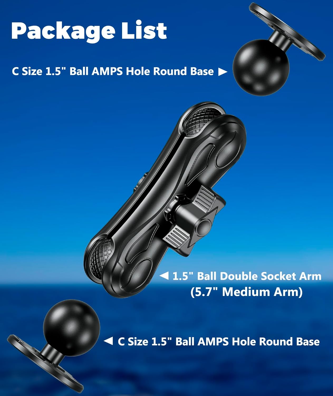 Aluminum Alloy Fish Finder Mount with 1.5" Ball AMPS Hole Round Plates, 5.7" Medium Arm Marine Electronic Mount Tablet Holder for Garmin, Lowrance, Humminbird, Raymarine and More