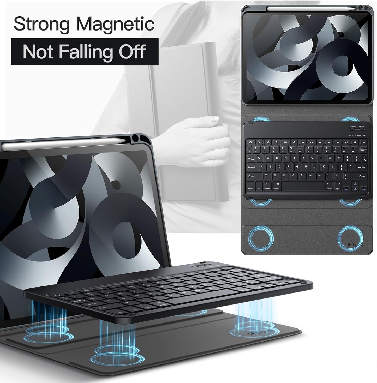 JETech Keyboard Case for iPad Air 11-Inch M3/M2 (2025/2024), iPad Air 5th/4th (10.9-Inch 2022/2020) with Pencil Holder, Magnetic Detachable Bluetooth Keyboard, TPU Back Stand Cover (Space Gray)