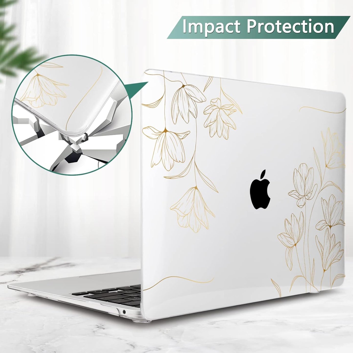 TWOLSKOO Compatible with MacBook Pro 13 inch Case 2022 2021 2020-2016 A2338 M2/M1 A2251 A2289 A2159 A1989 A1706, Plastic Hard Shell Cover & Keyboard Skin & Screen Protector, Gold Florals