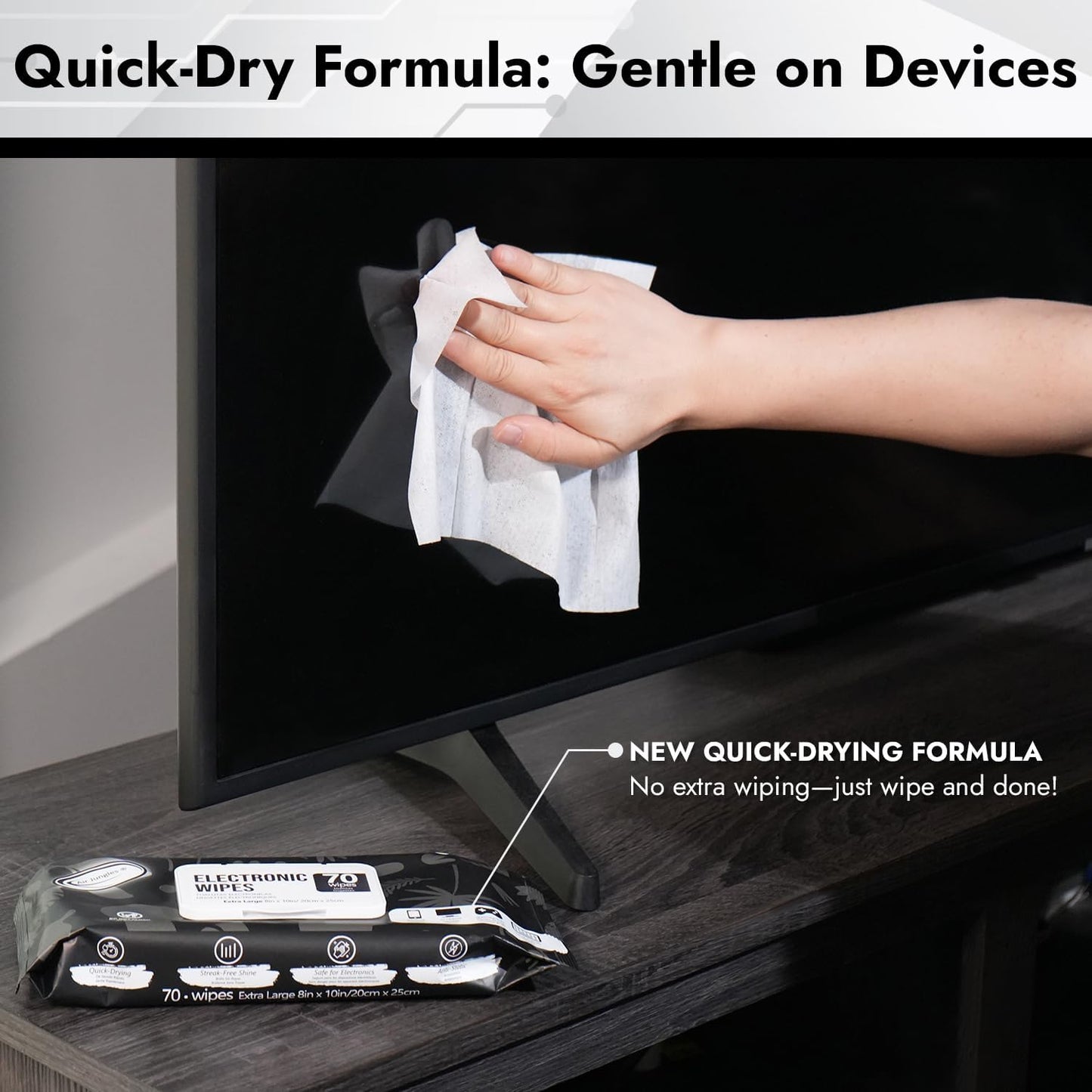 Air Jungles Electronic Wipes Screen Cleaning 70 Count, Quick Dry, Extra Large 8"x10" Tech Cleaner Wipes for LED Screen, TVs, Cars, Computer,Tablets, Phones, Laptops, VR, Monitors