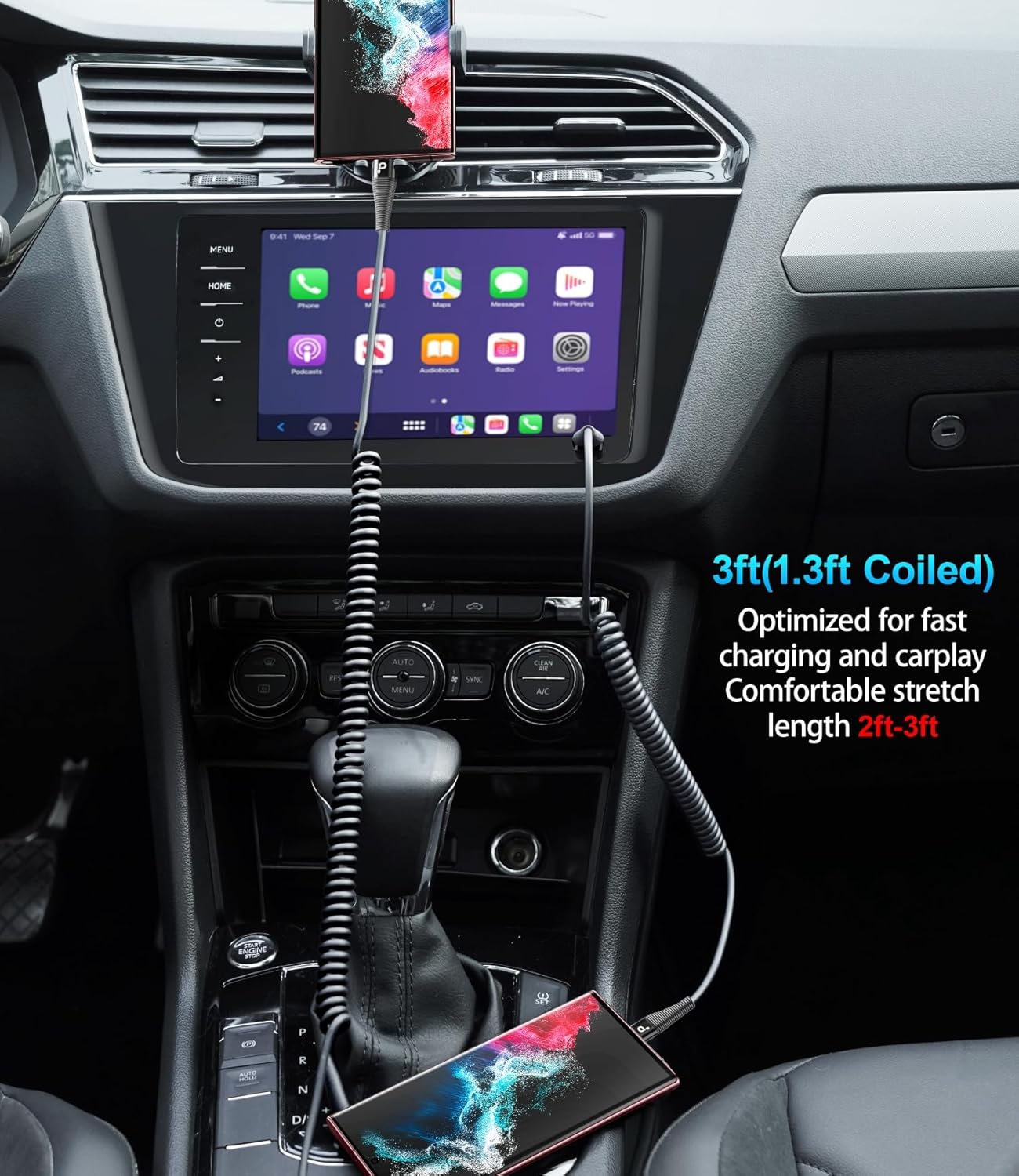 Coiled USB C to C Cable 100W 3FT for Car, Coiled USB C Cable for iPhone 16, Short USB Type C Fast Charging Cable for iPhone 15/Pro Max/Plus/Samsung Galaxy S23, Compatible All Type C Devices -Black