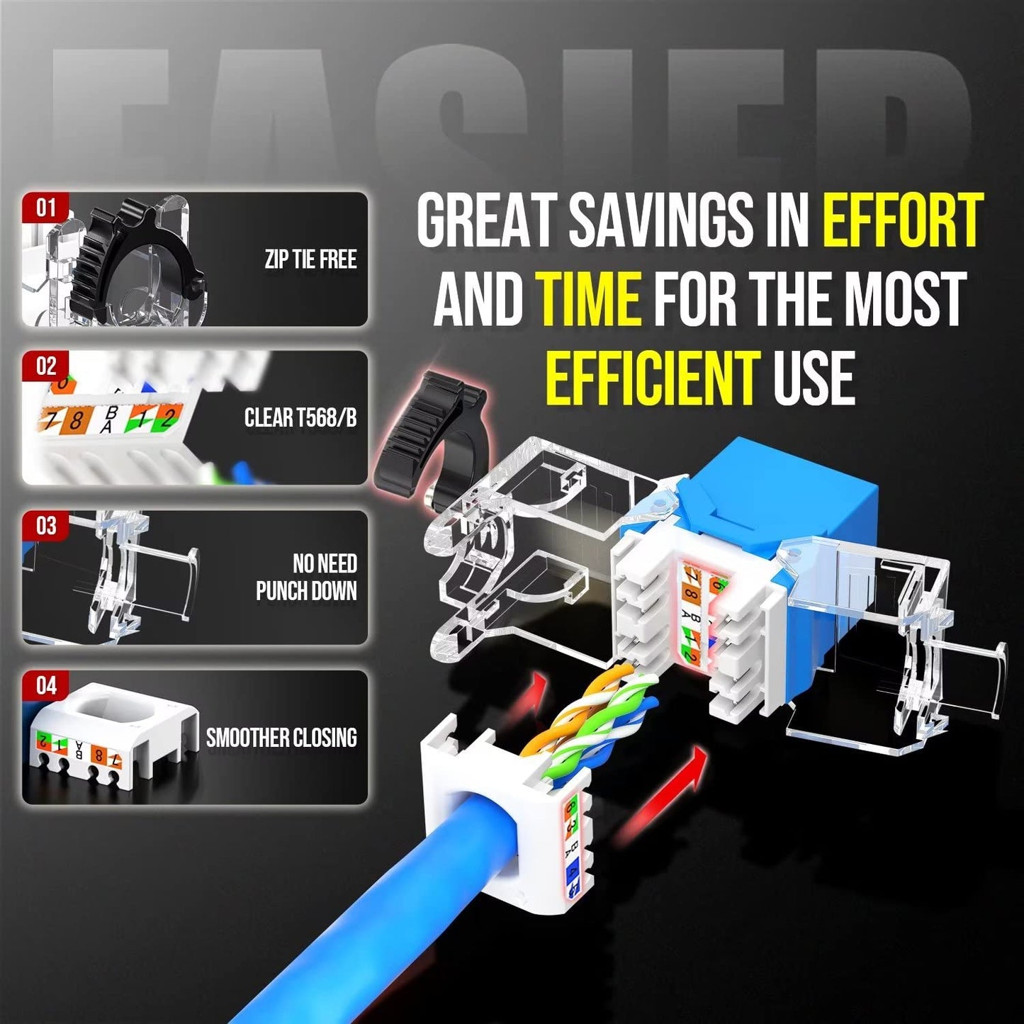 AMPCOM CAT6A UTP RJ45 Keystone Jack 50u Gold Plating Reusable Ethernet Wall Jack with Adjustable Ratchet Lock (No Tool and Zip Tie Required) - Blue (12-Pack)