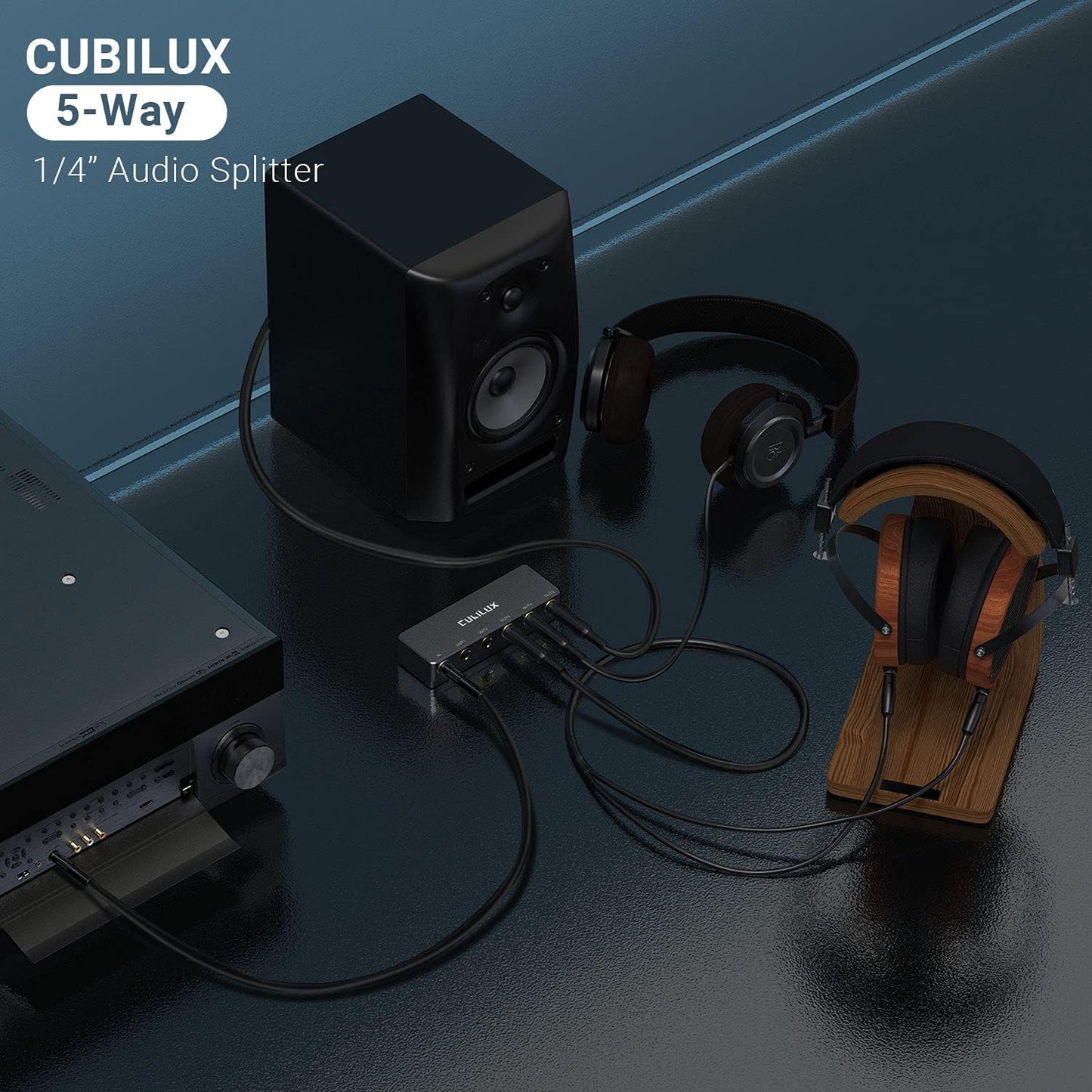 Cubilux Passive 6.35mm Headphones Splitter Box, 1/4” Stereo Multi Audio Distributor, Multiport Quarter Inch TRS TS Aux Splitter for Guitar Signal, Studio Recording, Live Performance, Monitors