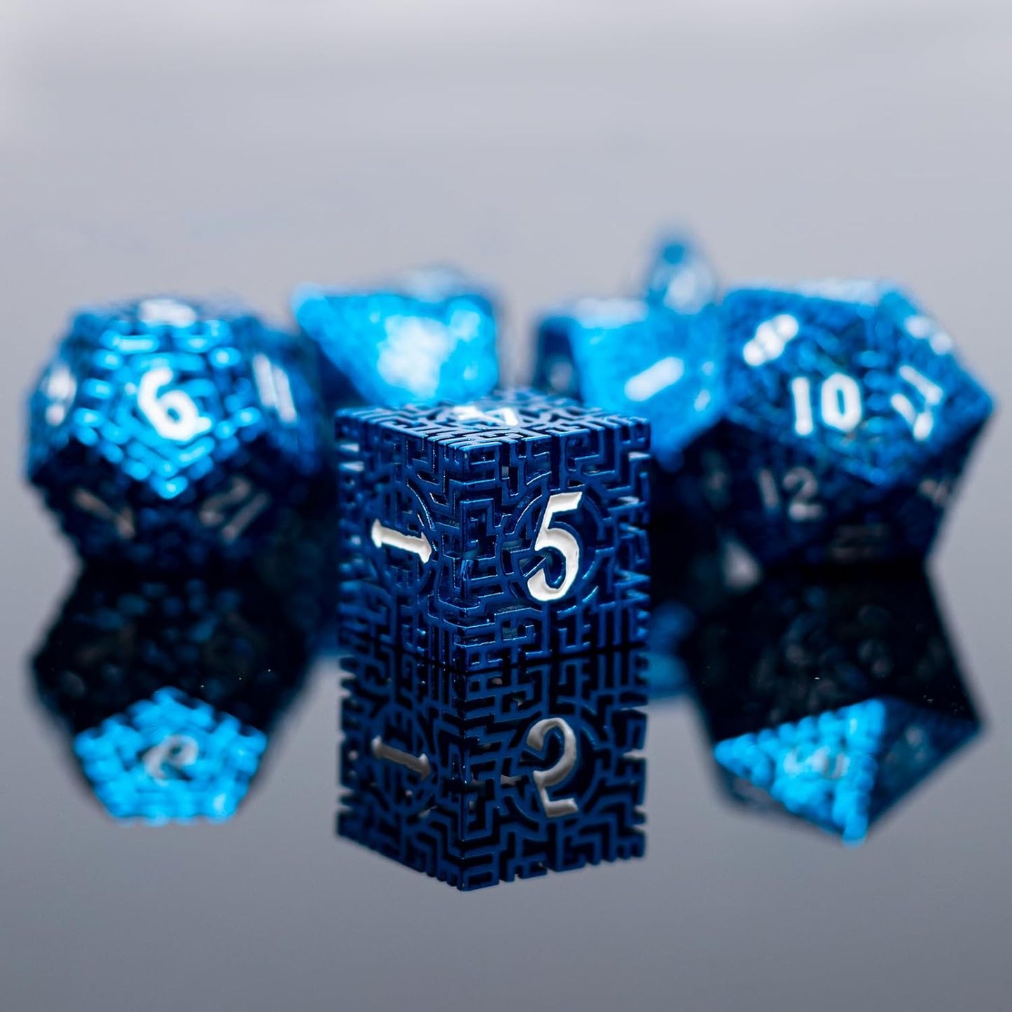 Blue Metal Hollow DND Dice Set (Wizard) Metallic Luster Maze Design with Storage Box - Balanced Weight 7 Piece Zinc Alloy, designed for Dungeons and Dragons DMs and Players RPG Accessories